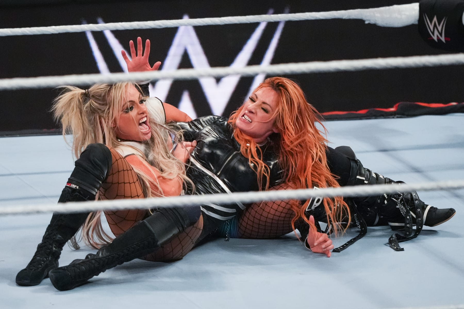 HOUSTON, TEXAS - MARCH 11: Liv Morgan wrestles Becky Lynch during WWE Monday Night RAW at Toyota Center on March 11, 2024 in Houston, Texas. (Photo by Alex Bierens de Haan/Getty Images)