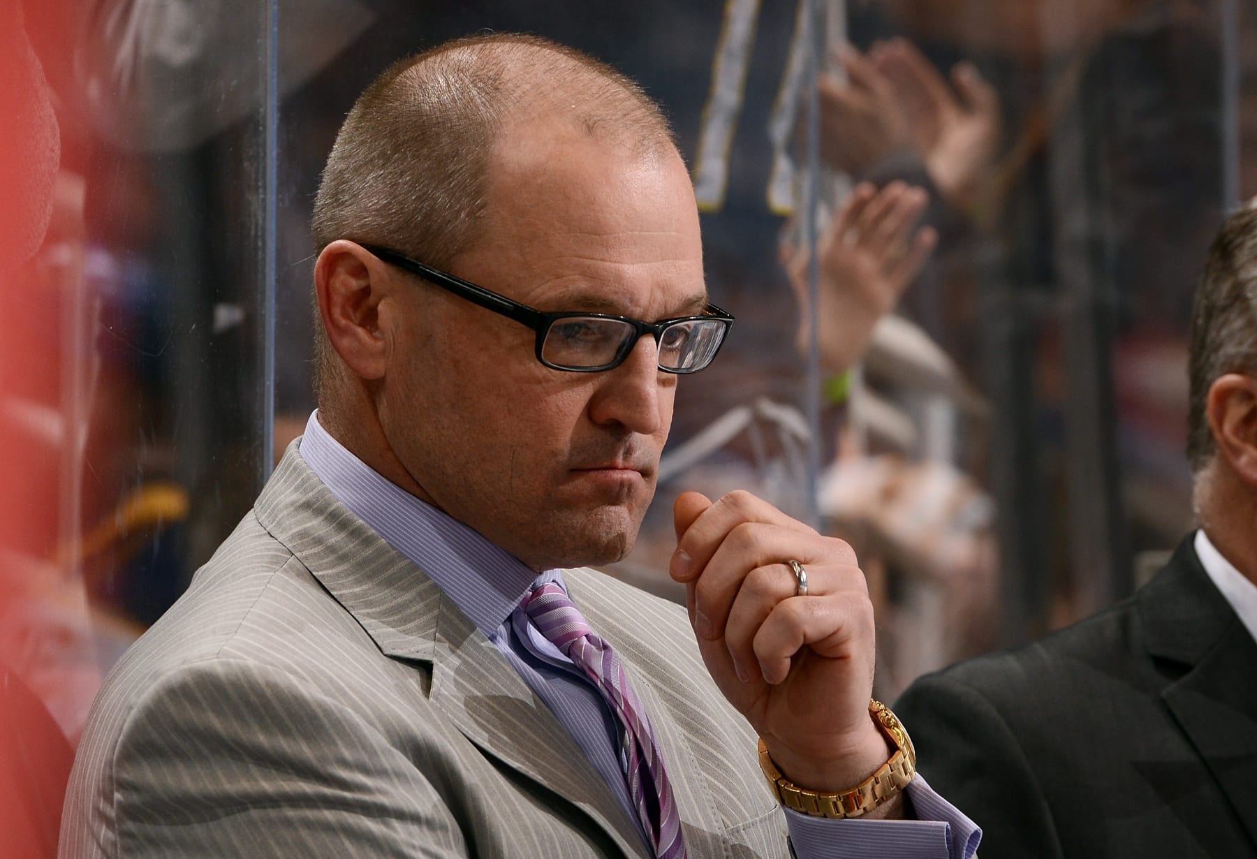 GLENDALE, AZ - FEBRUARY 26:  Head coach Dan Bylsma of the Buffalo Sabres looks on during second period action against the Arizona Coyotes at Gila River Arena on February 26, 2017 in Glendale, Arizona.  (Photo by Norm Hall/NHLI via Getty Images)