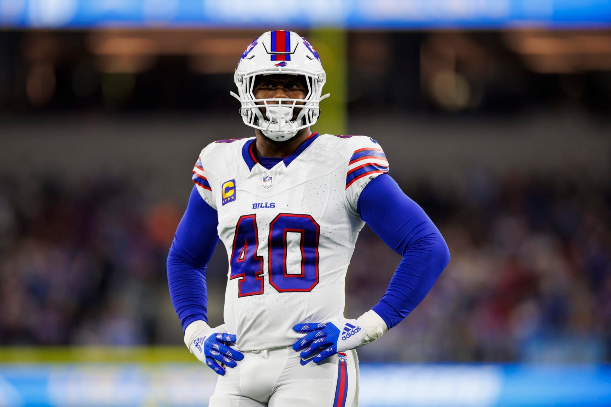 INGLEWOOD, CA - DECEMBER 23: Von Miller #40 of the Buffalo Bills looks on during an NFL football game against the Los Angeles Chargers at SoFi Stadium on December 23, 2023 in Inglewood, California. (Photo by Ryan Kang/Getty Images)