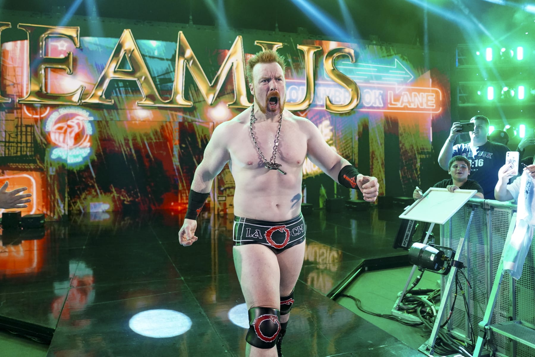 HARTFORD, CONNECTICUT - MAY 6: Sheamus makes his entrance during Monday Night RAW at XL Center on May 6, 2024 in Hartford, Connecticut.  (Photo by WWE/Getty Images)