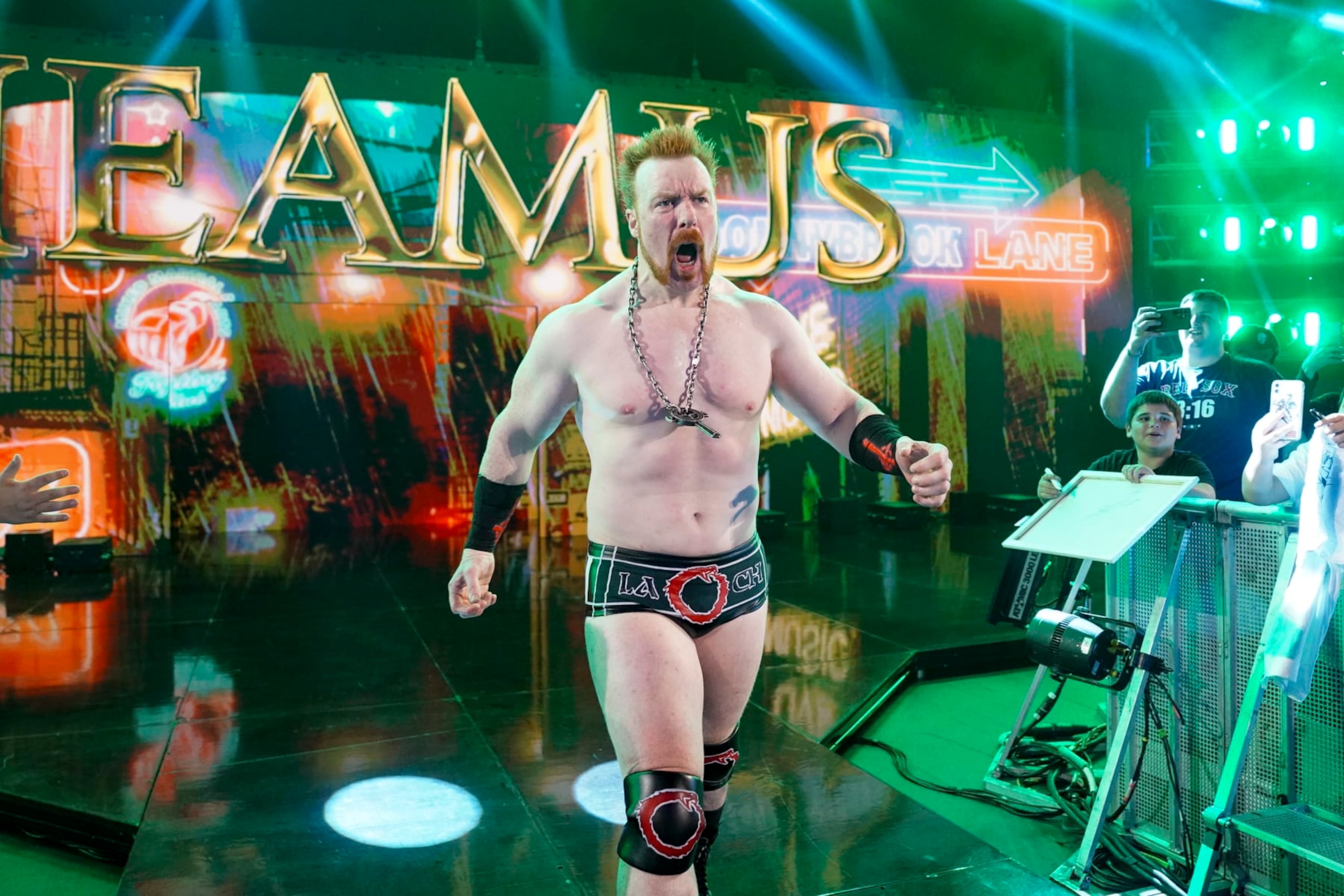 HARTFORD, CONNECTICUT - MAY 6: Sheamus makes his entrance during Monday Night RAW at XL Center on May 6, 2024 in Hartford, Connecticut.  (Photo by WWE/Getty Images)