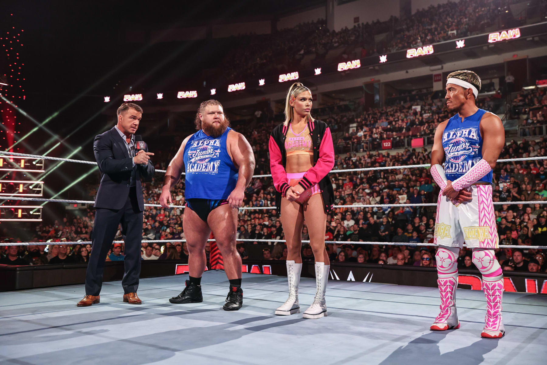 COLUMBUS, OHIO - APRIL 22: Chad Gable speaking to Otis, Maxxine Dupri, and Akira Tozawa of the Alpha Academy during Monday Night RAW at Jerome Schottenstein Center on April 22, 2024 in Columbus, Ohio.  (Photo by WWE/Getty Images)