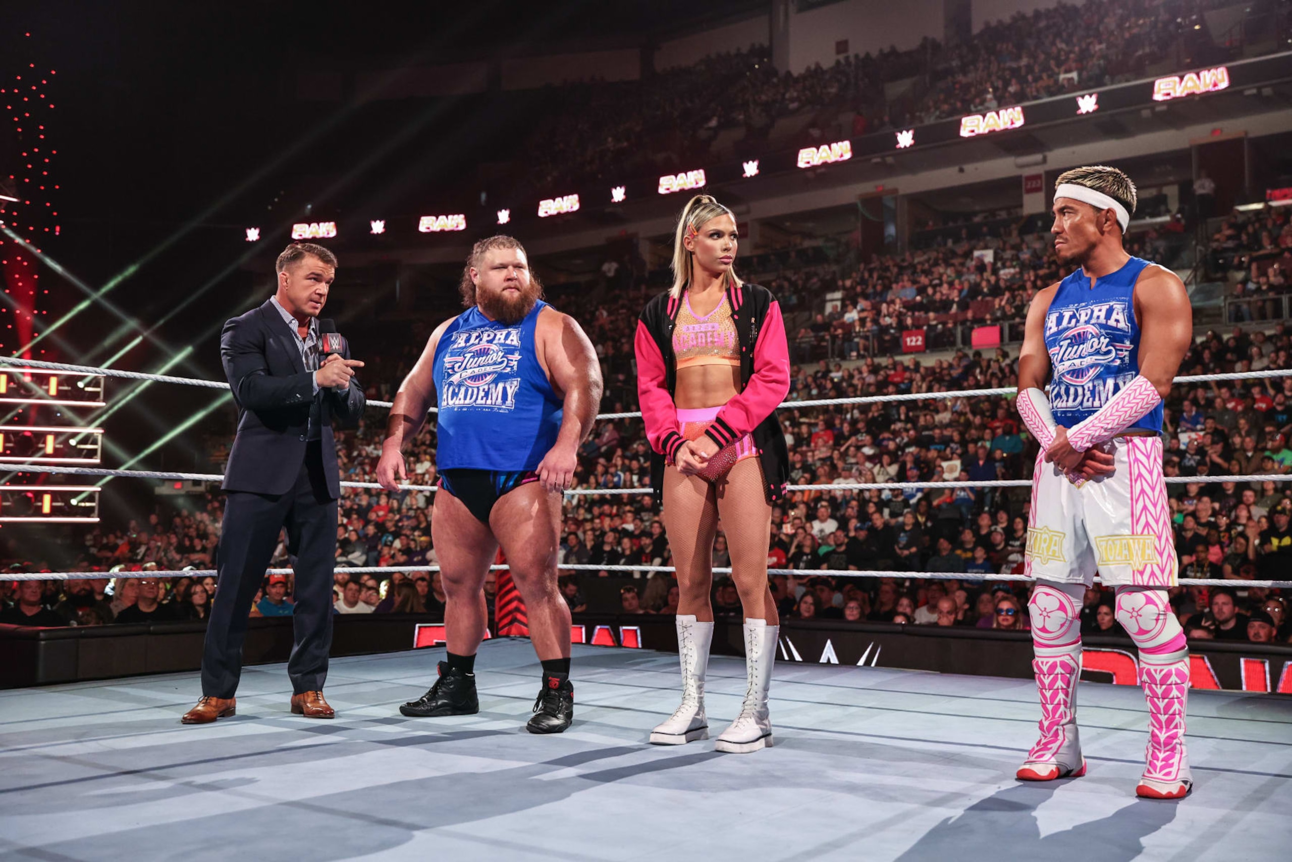 COLUMBUS, OHIO - APRIL 22: Chad Gable speaking to Otis, Maxxine Dupri, and Akira Tozawa of the Alpha Academy during Monday Night RAW at Jerome Schottenstein Center on April 22, 2024 in Columbus, Ohio.  (Photo by WWE/Getty Images)