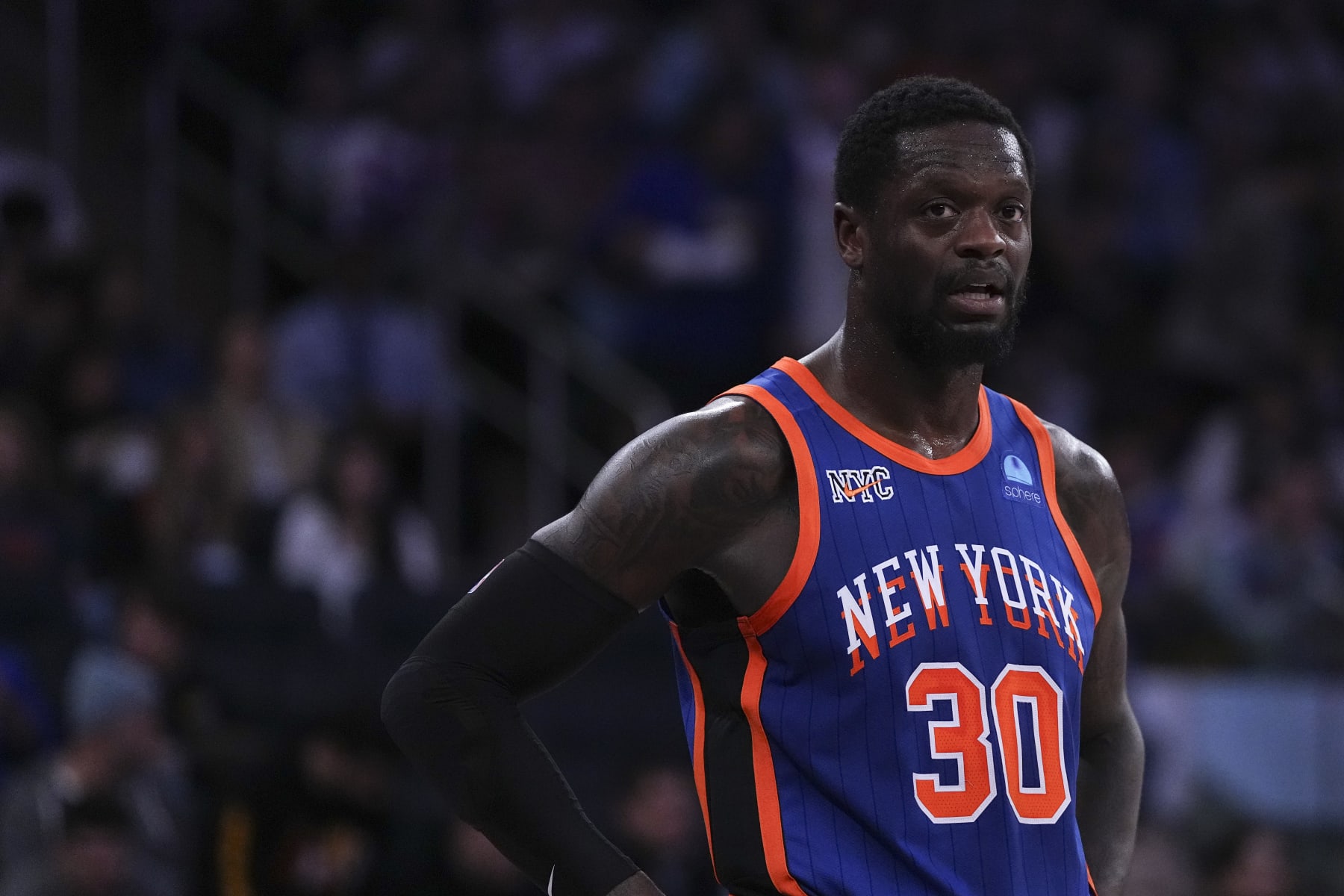 NEW YORK, NEW YORK - JANUARY 27: Julius Randle #30 of the New York Knicks looks on against the Miami Heat at Madison Square Garden on January 27, 2024 in New York City. NOTE TO USER: User expressly acknowledges and agrees that, by downloading and or using this photograph, User is consenting to the terms and conditions of the Getty Images License Agreement. (Photo by Mitchell Leff/Getty Images)