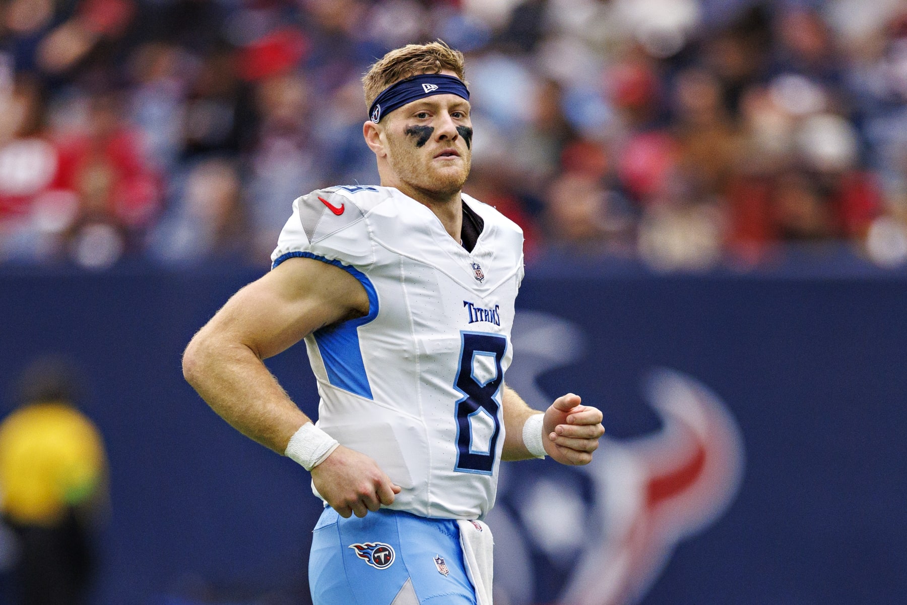 HOUSTON, TEXAS - DECEMBER 31: Will Levis #8 of the Tennessee Titans warms up before the game against the Houston Texans at NRG Stadium on December 31, 2023 in Houston, Texas. The Texans defeated the Titans 26-3.  (Photo by Wesley Hitt/Getty Images)