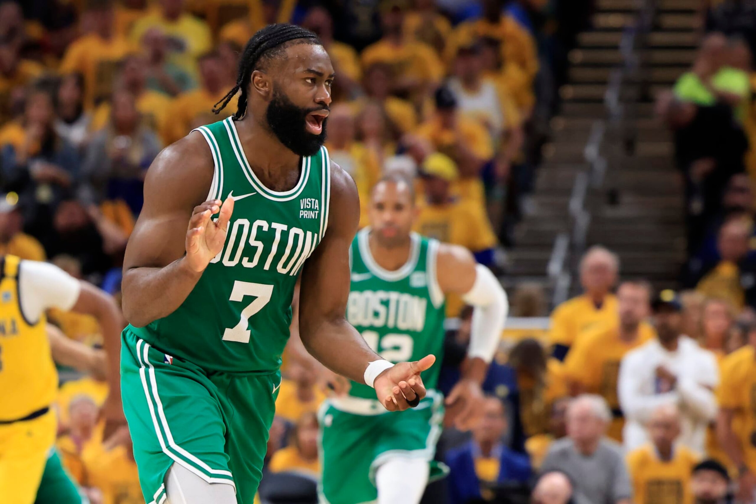 INDIANAPOLIS, INDIANA - MAY 27: Jaylen Brown #7 of the Boston Celtics reacts during the fourth quarter in Game Four of the Eastern Conference Finals at Gainbridge Fieldhouse on May 27, 2024 in Indianapolis, Indiana. NOTE TO USER: User expressly acknowledges and agrees that, by downloading and or using this photograph, User is consenting to the terms and conditions of the Getty Images License Agreement. (Photo by Justin Casterline/Getty Images)