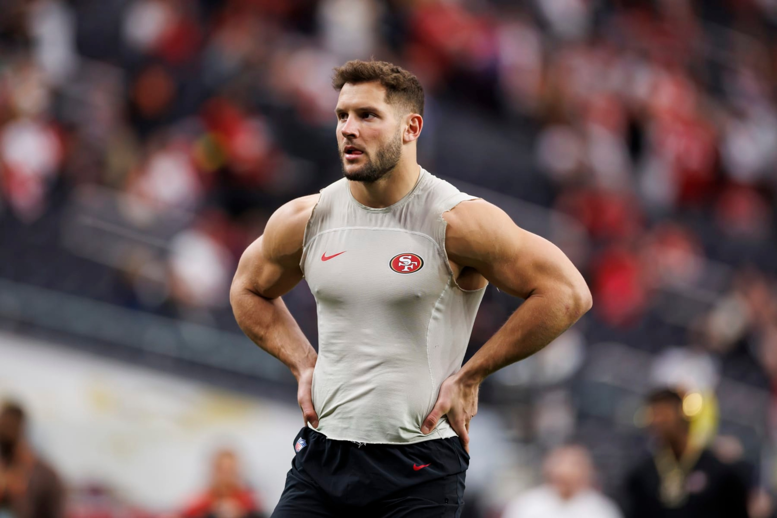 LAS VEGAS, NEVADA - FEBRUARY 11: Nick Bosa #97 of the San Francisco 49ers looks on during pregame warmups before Super Bowl LVIII against the Kansas City Chiefs at Allegiant Stadium on February 11, 2024 in Las Vegas, Nevada. (Photo by Ryan Kang/Getty Images)