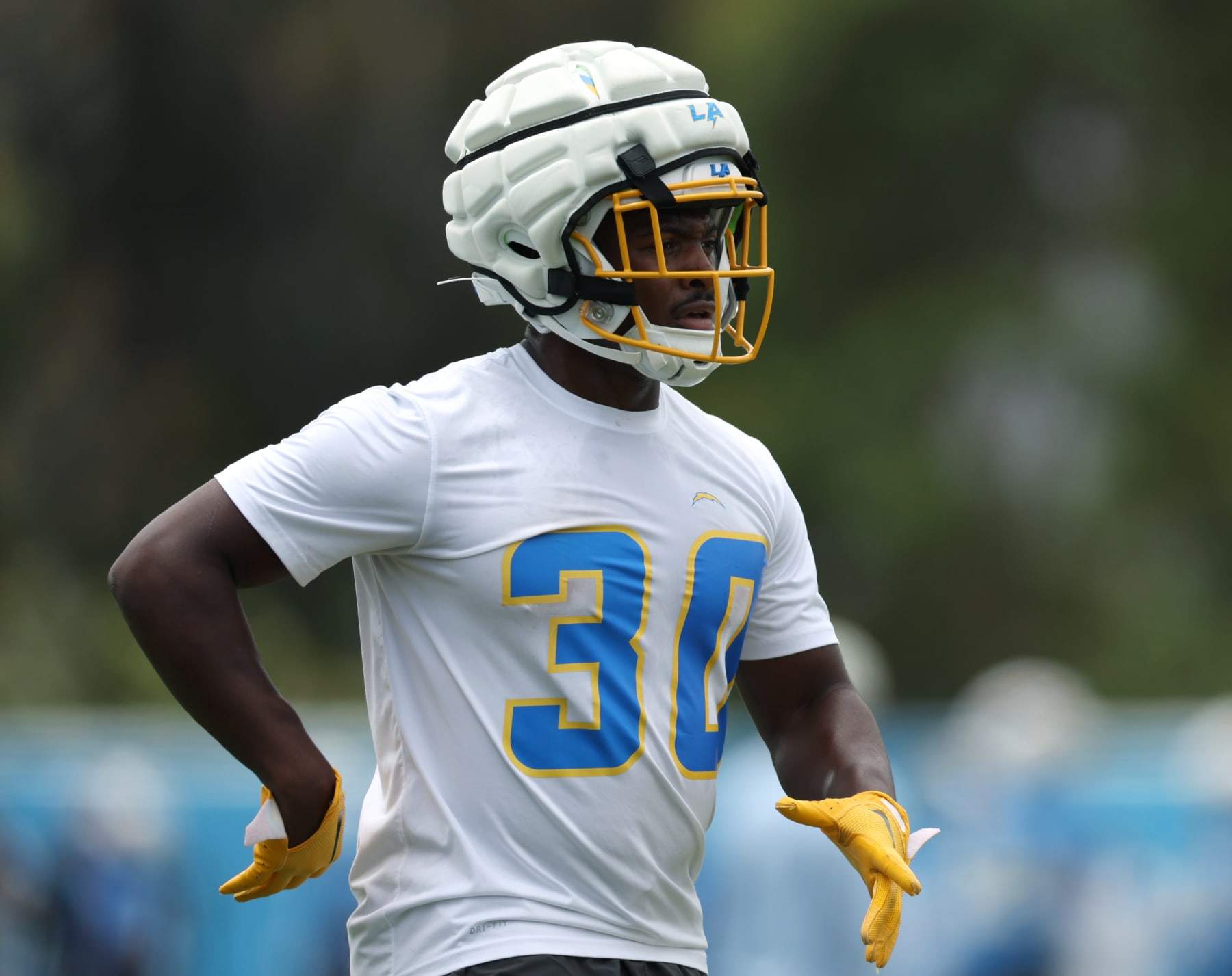 COSTA MESA, CALIFORNIA - MAY 20: Kimani Vidal #30 runs a drill during a Los Angeles Chargers OTA offseason workout on May 20, 2024 in Costa Mesa, California. (Photo by Harry How/Getty Images)