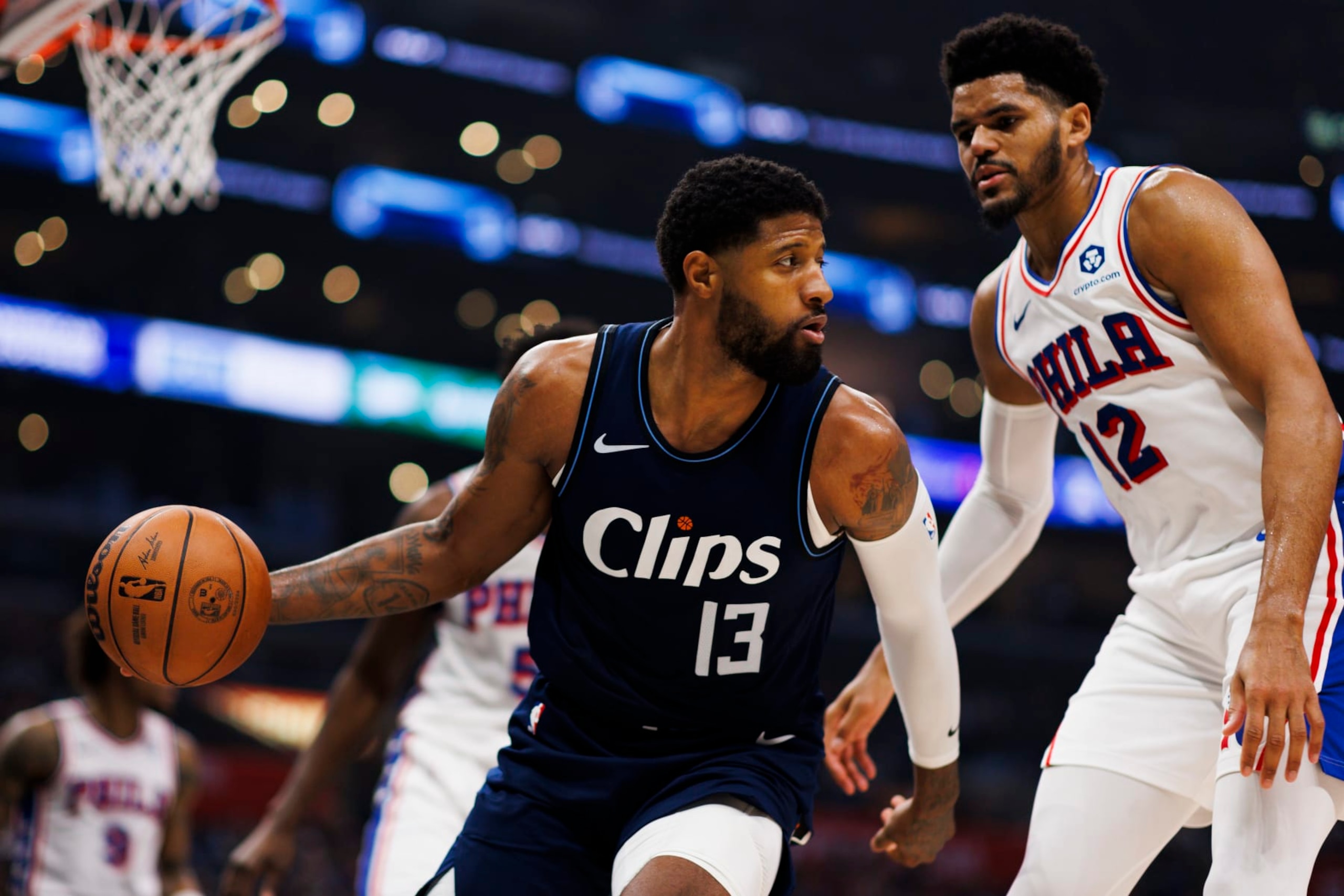 LOS ANGELES, CA - MARCH 24: LA Clippers forward Paul George (13) during an NBA basketball game game against the Philadelphia 76ers on March 24, 2024 at Crypto.com Arena in Los Angeles, CA. (Photo by Ric Tapia/Icon Sportswire via Getty Images)