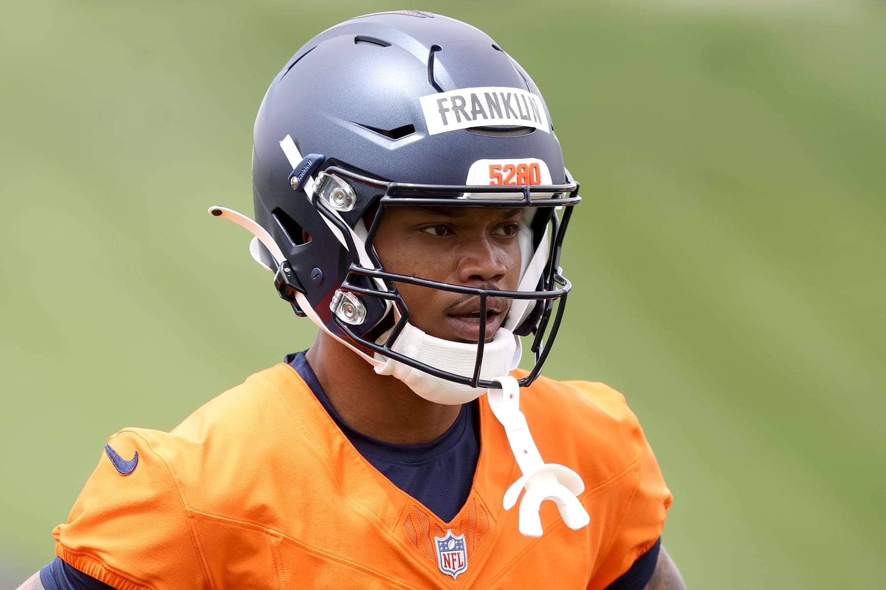 ENGLEWOOD, COLORADO - MAY 11: Wide receiver Troy Franklin #16 of the Denver Broncos drills during Denver Broncos Rookie Minicamp at Centura Health Training Center on May 11, 2024 in Englewood, Colorado. (Photo by Matthew Stockman/Getty Images)