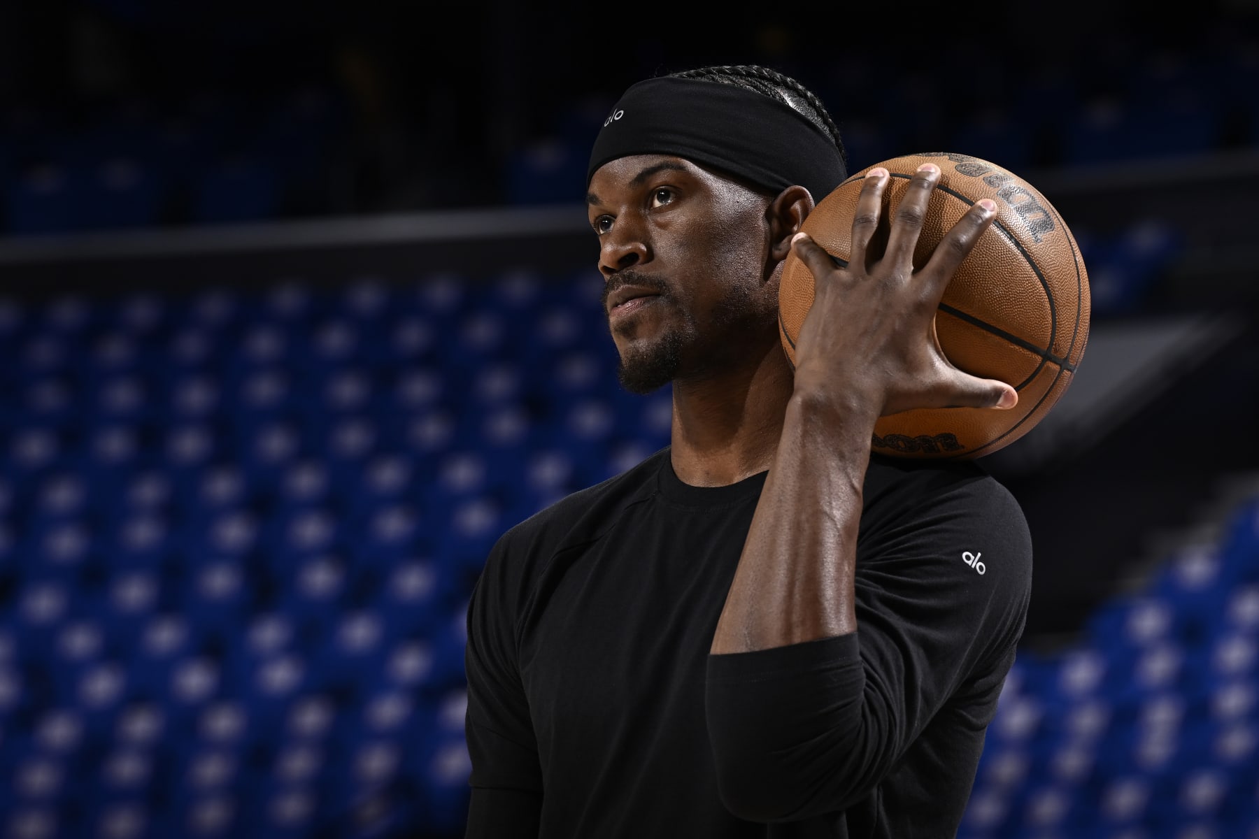 PHILADELPHIA, PA - APRIL 17:  Jimmy Butler #22 of the Miami Heat warms up before the game against the Philadelphia 76ers during the 2024 NBA Play-In Tournament on April 17, 2024 at the Wells Fargo Center in Philadelphia, Pennsylvania NOTE TO USER: User expressly acknowledges and agrees that, by downloading and/or using this Photograph, user is consenting to the terms and conditions of the Getty Images License Agreement. Mandatory Copyright Notice: Copyright 2024 NBAE (Photo by David Dow/NBAE via Getty Images)