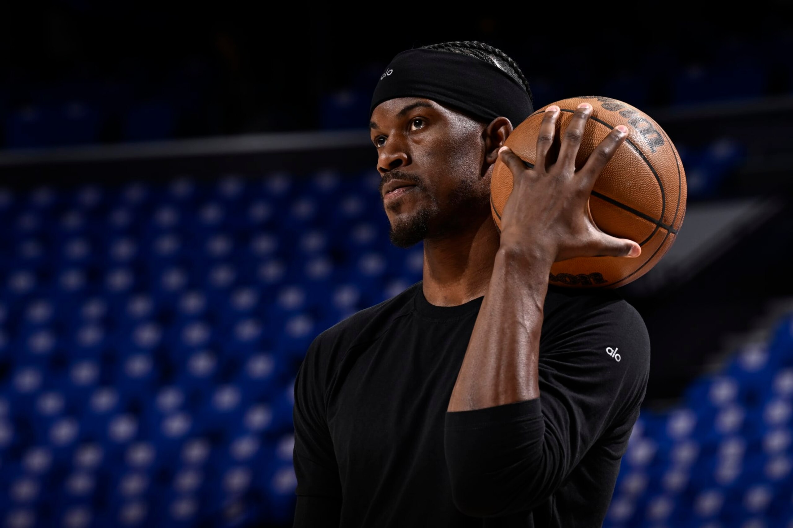 PHILADELPHIA, PA - APRIL 17: Jimmy Butler #22 of the Miami Heat warms up before the game against the Philadelphia 76ers during the 2024 NBA Play-In Tournament on April 17, 2024 at the Wells Fargo Center in Philadelphia, Pennsylvania NOTE TO USER: User expressly acknowledges and agrees that, by downloading and/or using this Photograph, user is consenting to the terms and conditions of the Getty Images License Agreement. Mandatory Copyright Notice: Copyright 2024 NBAE (Photo by David Dow/NBAE via Getty Images) PHILADELPHIA, PA - APRIL 17: Jimmy Butler #22 of the Miami Heat warms up before the game against the Philadelphia 76ers during the 2024 NBA Play-In Tournament on April 17, 2024 at the Wells Fargo Center in Philadelphia, Pennsylvania NOTE TO USER: User expressly acknowledges and agrees that, by downloading and/or using this Photograph, user is consenting to the terms and conditions of the Getty Images License Agreement. Mandatory Copyright Notice: Copyright 2024 NBAE (Photo by David Dow/NBAE via Getty Images)