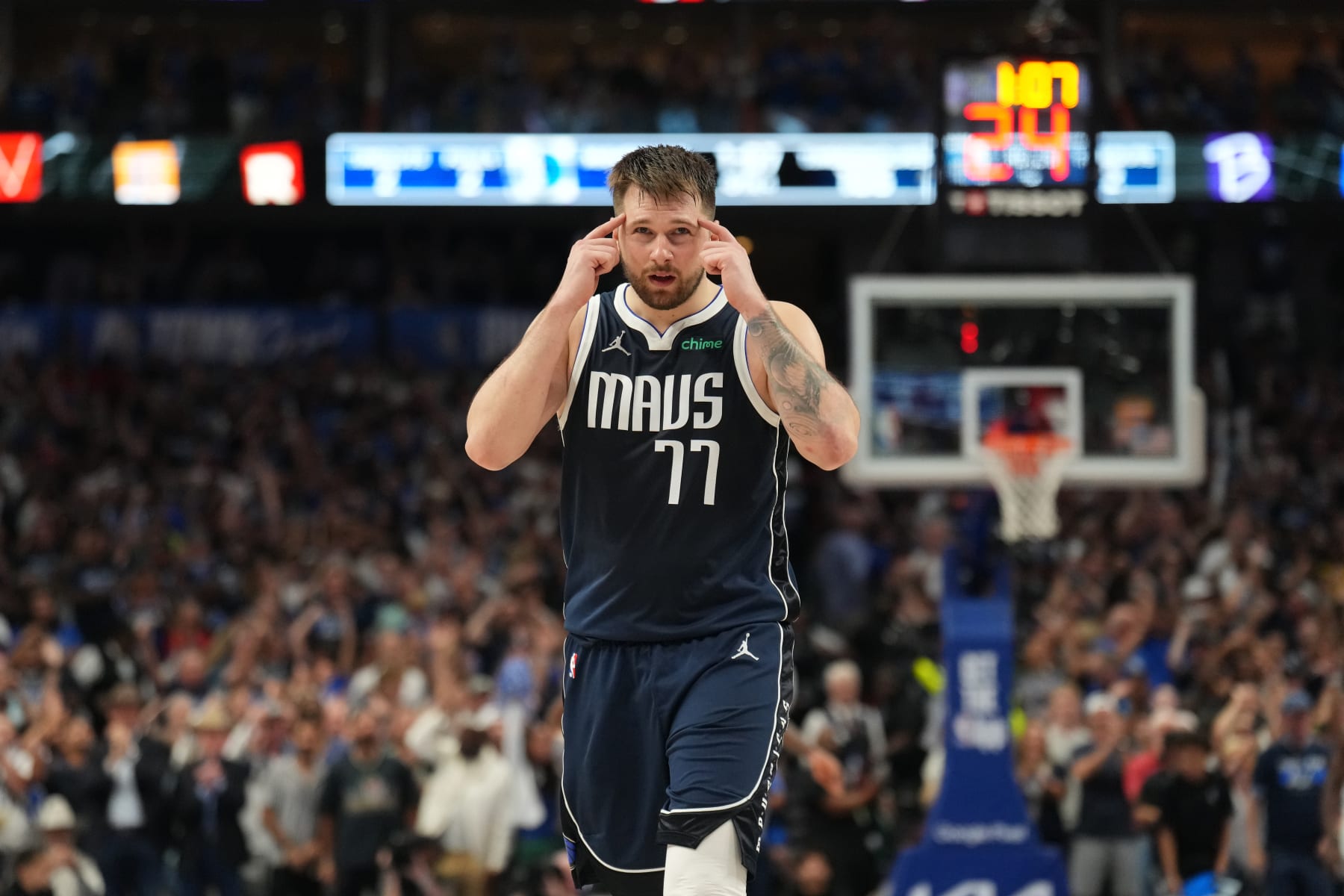 DALLAS, TX - MAY 26: Luka Doncic #77 of the Dallas Mavericks celebrates during the game against the Minnesota Timberwolves during Game 3 of the Western Conference Finals of the 2024 NBA Playoffs on May 26, 2024 at the American Airlines Center in Dallas, Texas. NOTE TO USER: User expressly acknowledges and agrees that, by downloading and or using this photograph, User is consenting to the terms and conditions of the Getty Images License Agreement. Mandatory Copyright Notice: Copyright 2024 NBAE (Photo by Jesse D. Garrabrant/NBAE via Getty Images)