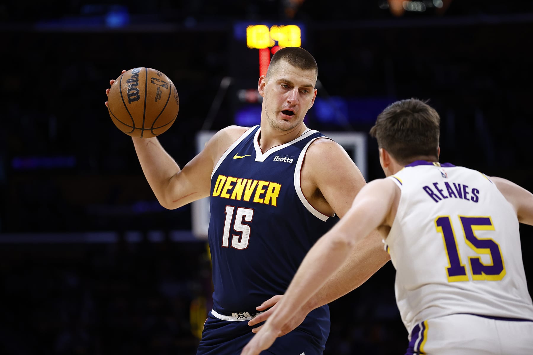 LOS ANGELES, CALIFORNIA - APRIL 27:   Nikola Jokic #15 of the Denver Nuggets during game four of the Western Conference First Round Playoffs at Crypto.com Arena on April 27, 2024 in Los Angeles, California.  NOTE TO USER: User expressly acknowledges and agrees that, by downloading and/or using this photograph, user is consenting to the terms and conditions of the Getty Images License Agreement.  (Photo by Ronald Martinez/Getty Images)