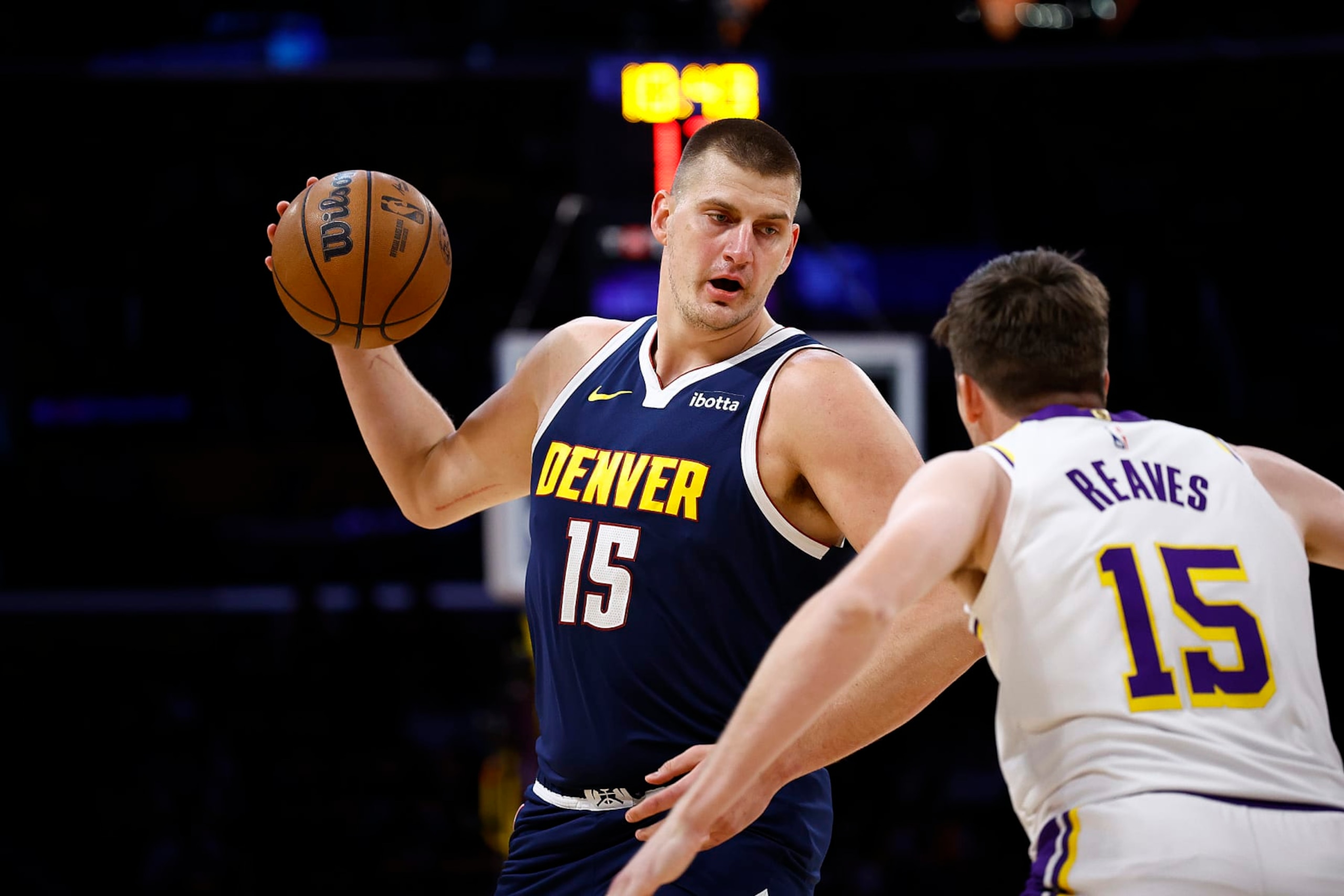 LOS ANGELES, CALIFORNIA - APRIL 27:   Nikola Jokic #15 of the Denver Nuggets during game four of the Western Conference First Round Playoffs at Crypto.com Arena on April 27, 2024 in Los Angeles, California.  NOTE TO USER: User expressly acknowledges and agrees that, by downloading and/or using this photograph, user is consenting to the terms and conditions of the Getty Images License Agreement.  (Photo by Ronald Martinez/Getty Images)