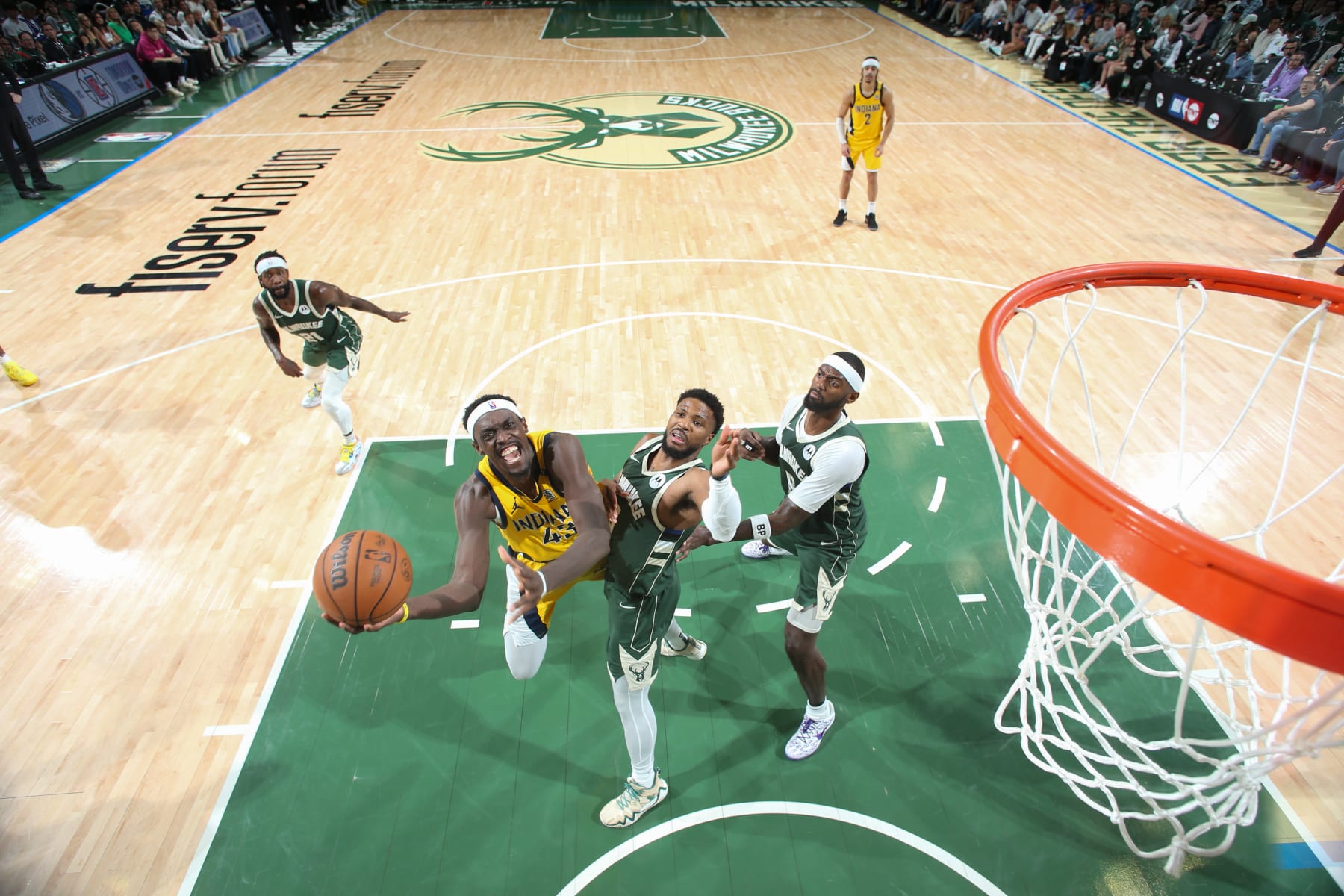 MILWAUKEE, WI - APRIL 30:  Pascal Siakam #43 of the Indiana Pacers goes to the basket during the game against the Milwaukee Bucks  during Round 1 Game 5 of the 2024 NBA Playoffs on April 30, 2024 at the Fiserv Forum Center in Milwaukee, Wisconsin. NOTE TO USER: User expressly acknowledges and agrees that, by downloading and or using this Photograph, user is consenting to the terms and conditions of the Getty Images License Agreement. Mandatory Copyright Notice: Copyright 2024 NBAE (Photo by Gary Dineen/NBAE via Getty Images).