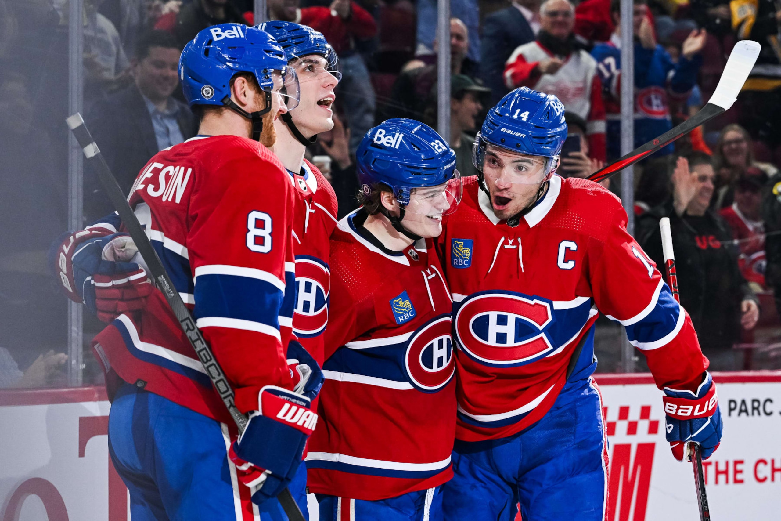 MONTREAL, QC - APRIL 16: Montreal Canadiens right wing Cole Caufield (22) celebrates his goal with his teammates during the Detroit Red Wings versus the Montreal Canadiens game on April 16, 2024, at Bell Centre in Montreal, QC (Photo by David Kirouac/Icon Sportswire via Getty Images)