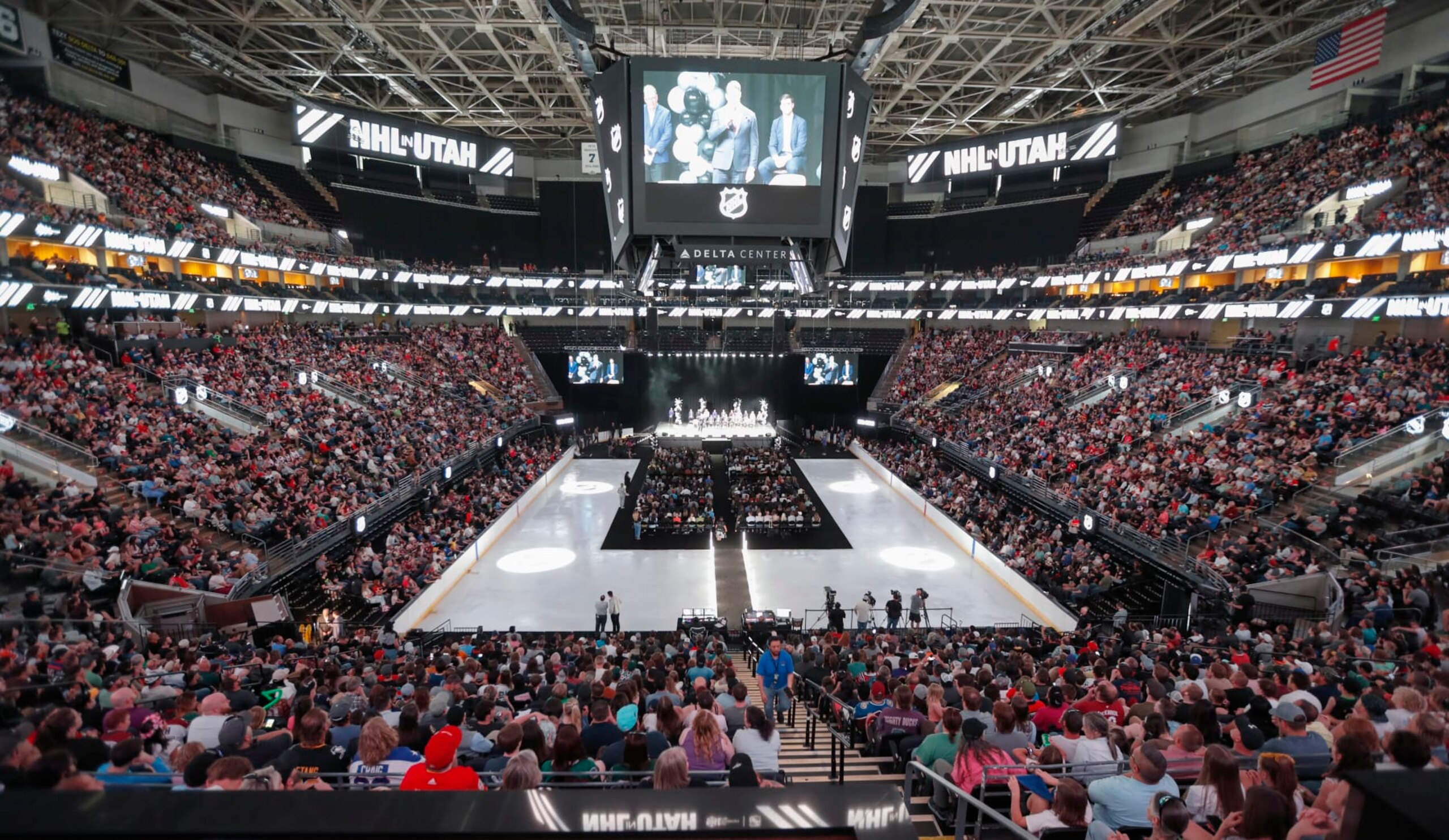 SALT LAKE CITY, UT - APRIL 24:  A general view is seen as the yet to be named NHL Utah hockey team players are introduced to the fans at the sold out Delta Center on April 24, 2024 in Salt Lake City, Utah. The NHL has allowed the sale of the Arizona Coyotes and the team will relocate to Salt Lake City, Utah.(Photo by Chris Gardner/Getty Images)