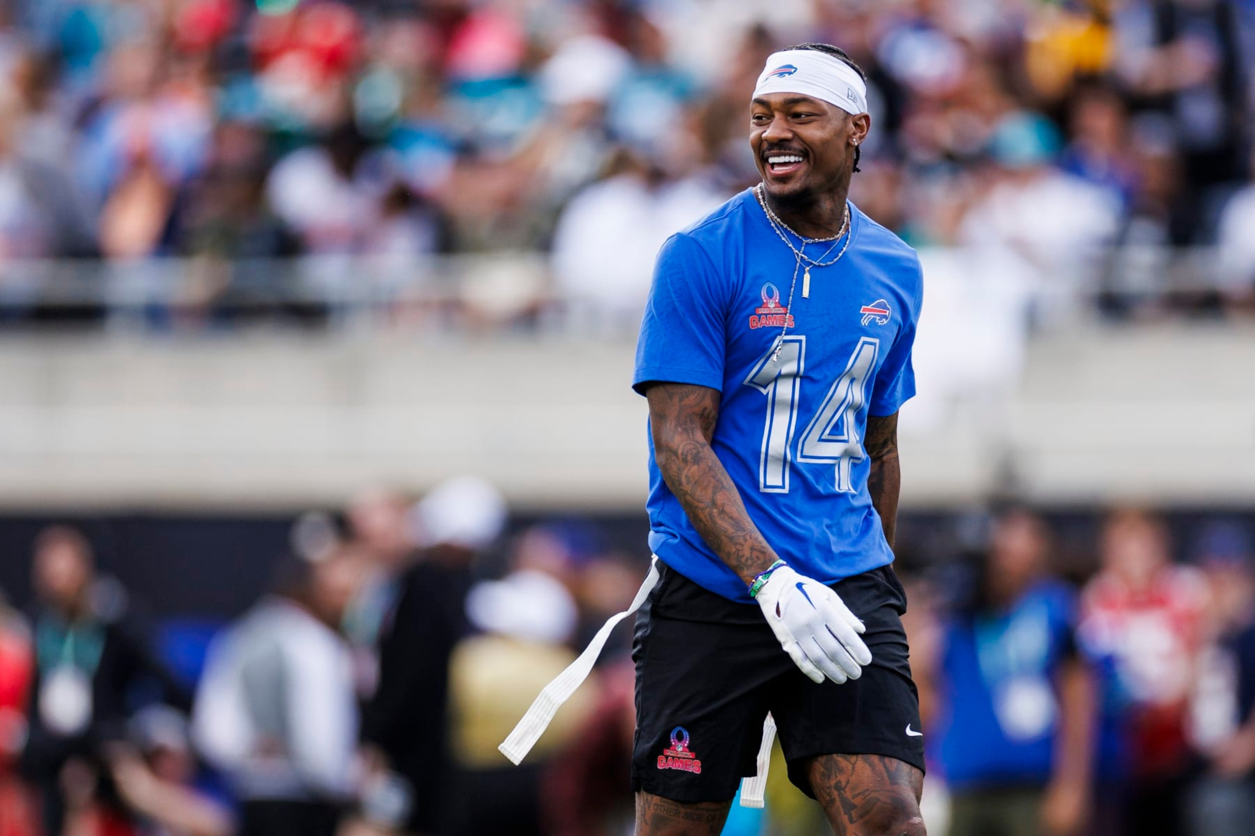 ORLANDO, FLORIDA - FEBRUARY 04: Stefon Diggs #14 of the Buffalo Bills and AFC looks on during the 2024 NFL Pro Bowl at Camping World Stadium on February 04, 2024 in Orlando, Florida. (Photo by James Gilbert/Getty Images)