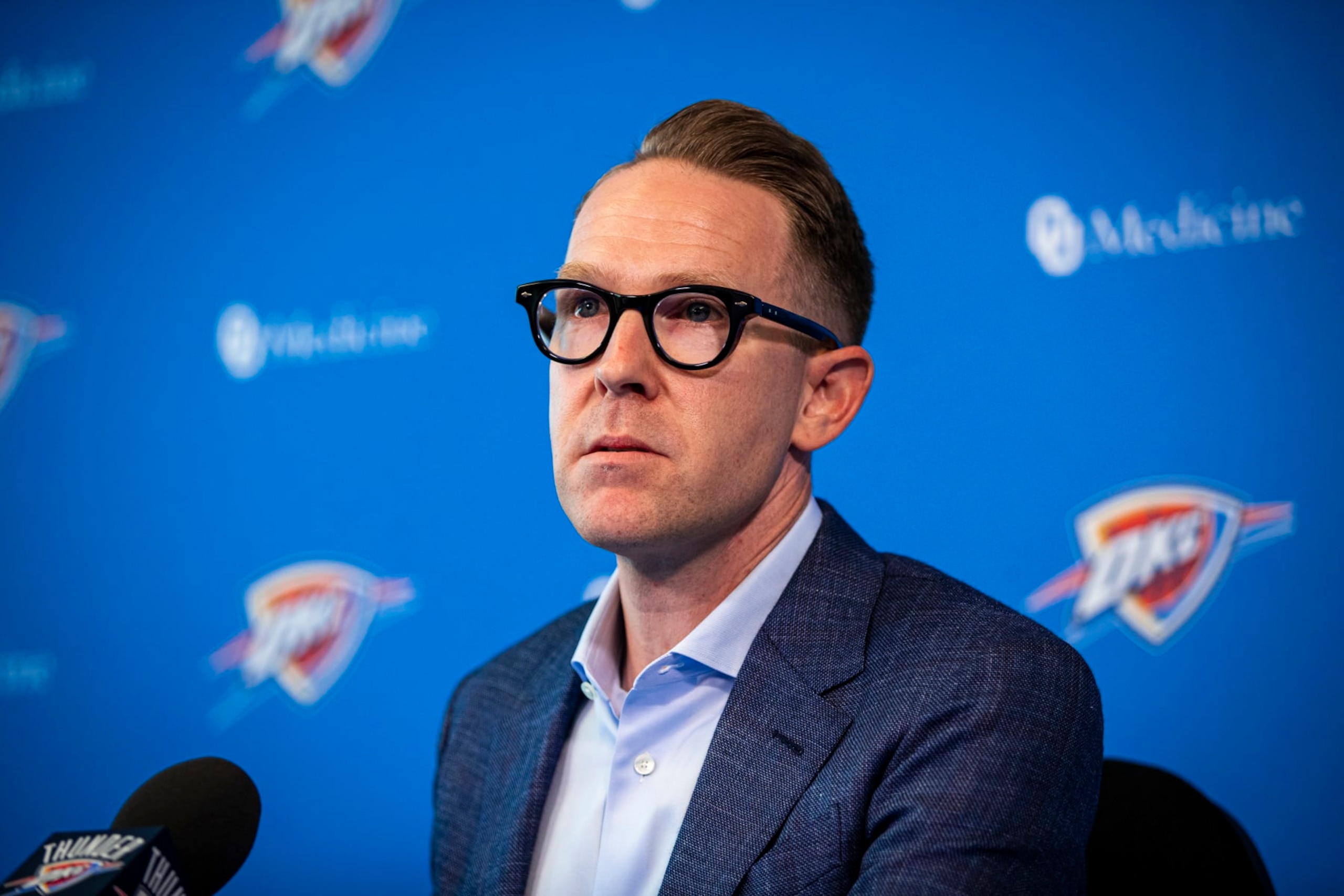 OKLAHOMA CITY, OK - JULY 25: Oklahoma City Thunder General Manager Sam Presti speaks with media at the Thunder ION on July 25, 2019 in Oklahoma City, OK. NOTE TO USER: User expressly acknowledges and agrees that, by downloading and or using
this photograph, User is consenting to the terms and conditions of the Getty Images License
Agreement. Mandatory Copyright Notice: Copyright 2019 NBAE (Photo by Zach Beeker/NBAE via
Getty Images)