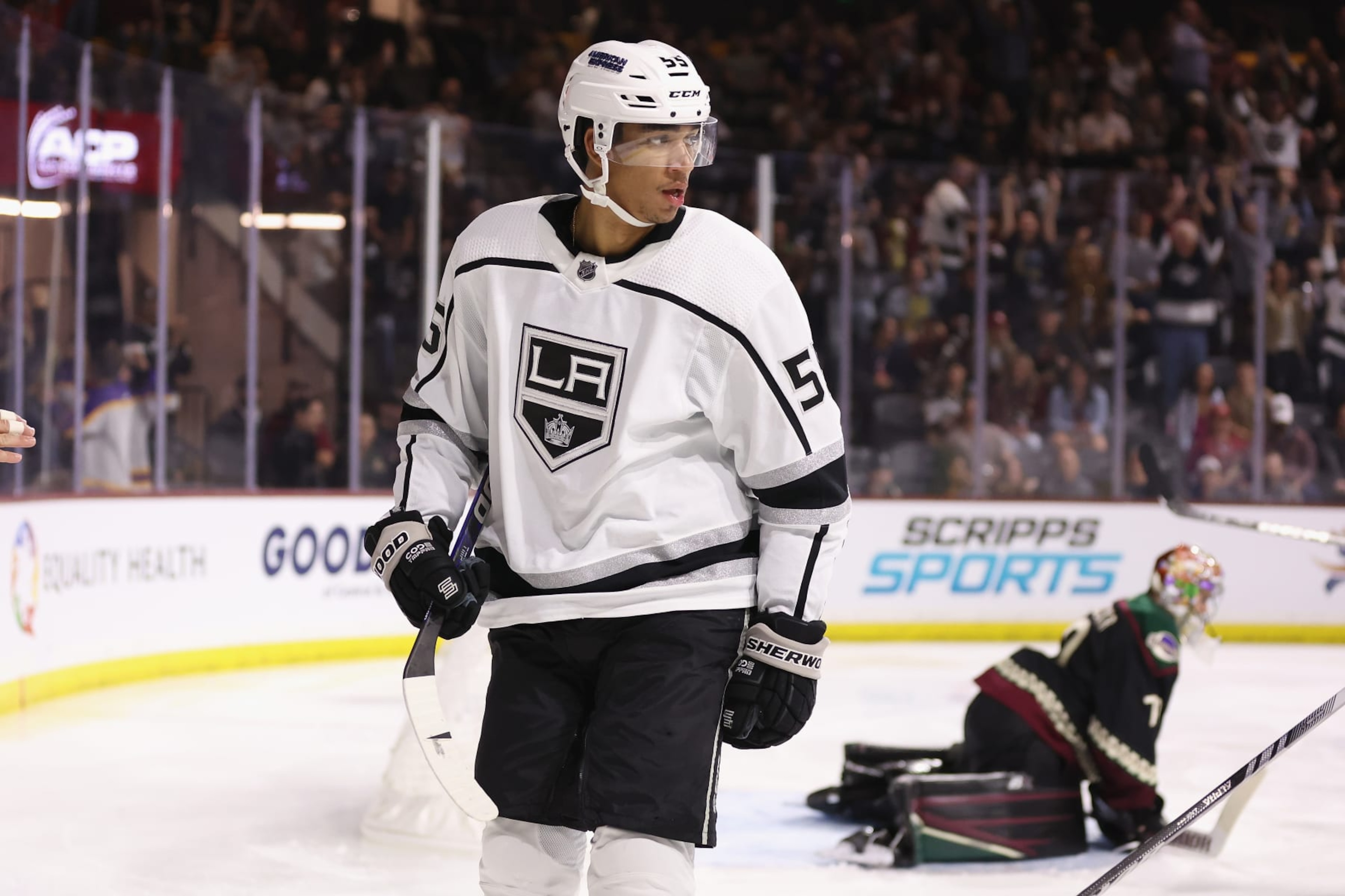 TEMPE, ARIZONA - OCTOBER 27: Quinton Byfield #55 of the Los Angeles Kings reacts after scoring a goal past goaltender Karel Vejmelka #70 of the Arizona Coyotes during the third period of the NHL game at Mullett Arena on October 27, 2023 in Tempe, Arizona. (Photo by Christian Petersen/Getty Images) TEMPE, ARIZONA - OCTOBER 27: Quinton Byfield #55 of the Los Angeles Kings reacts after scoring a goal past goaltender Karel Vejmelka #70 of the Arizona Coyotes during the third period of the NHL game at Mullett Arena on October 27, 2023 in Tempe, Arizona. (Photo by Christian Petersen/Getty Images)