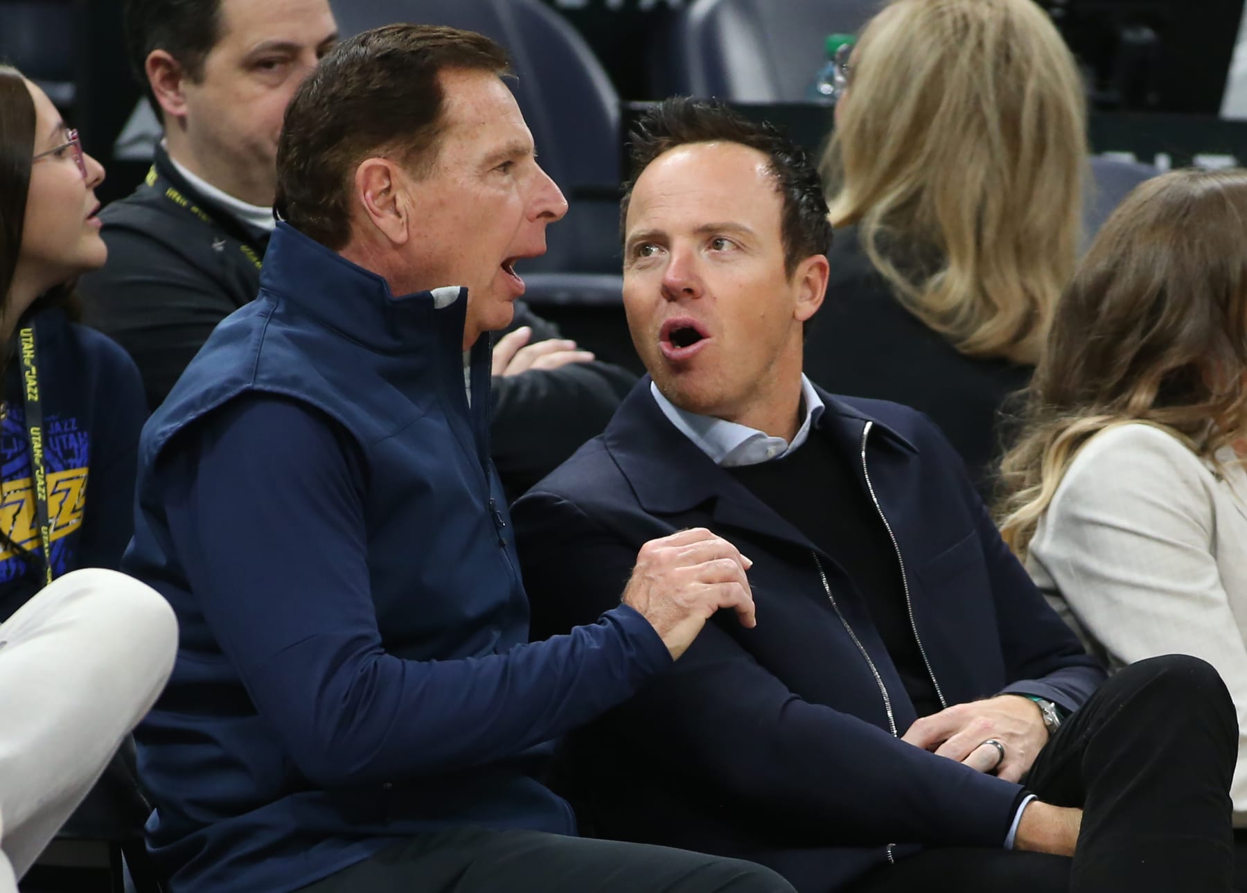 SALT LAKE CITY, UT - APRIL 11: Owner Ryan Smith of the Utah Jazz talks with Fraser Bullock, President and CEO of the Salt Lake-Utah Committee for the Games during the second half of the game against the Houston Rockets at the Delta Center on April 11, 2024 in Salt Lake City, Utah. NOTE TO USER: User expressly acknowledges and agrees that, by downloading and or using this photograph, User is consenting to the terms and conditions of the Getty Images License Agreement. Photo by Chris Gardner/Getty Images)