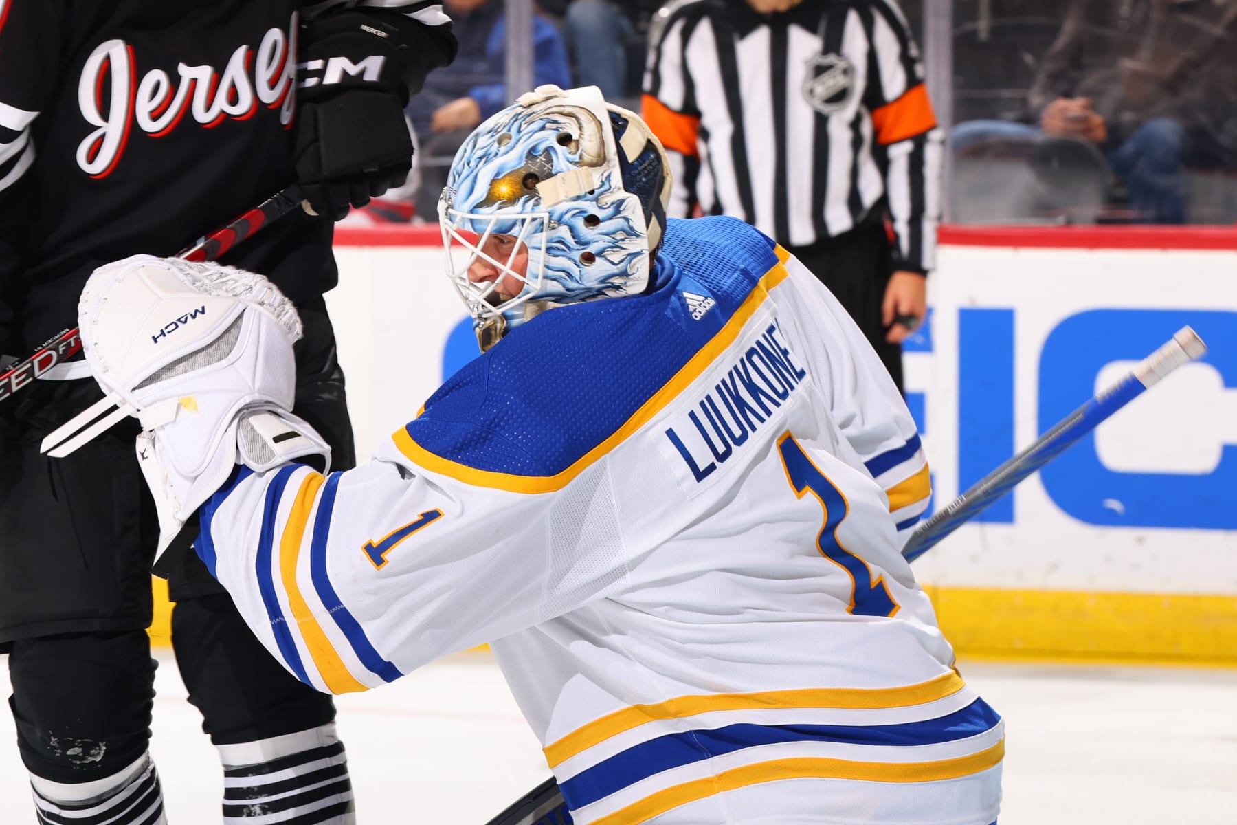 NEWARK, NJ - OCTOBER 27: Ukko-Pekka Luukkonen #1 of the Buffalo Sabres defends his net in the third period of the game against the New Jersey Devils at the Prudential Center on October 27, 2023 in Newark, New Jersey.  (Photo by Rich Graessle/NHLI via Getty Images)