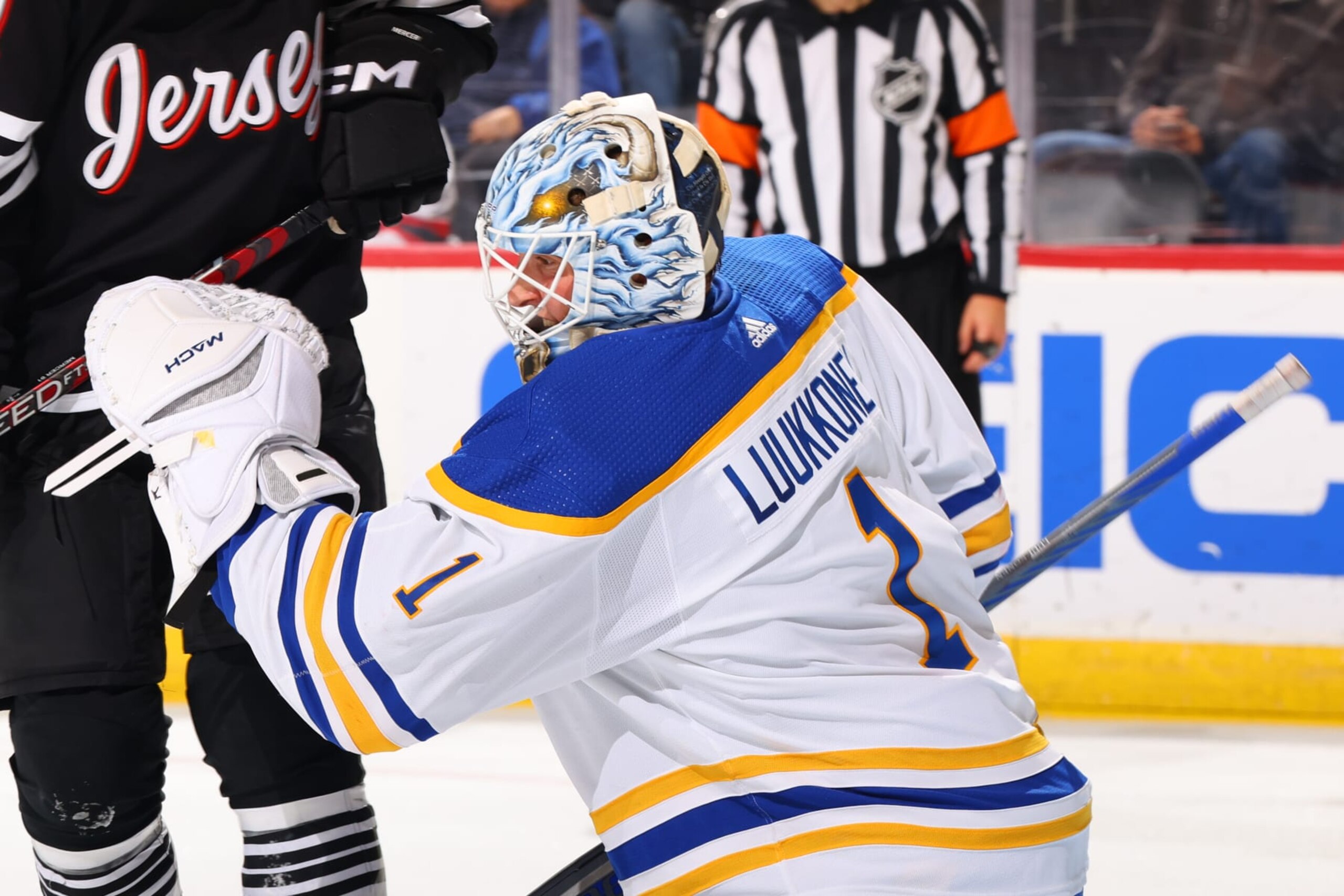 NEWARK, NJ - OCTOBER 27: Ukko-Pekka Luukkonen #1 of the Buffalo Sabres defends his net in the third period of the game against the New Jersey Devils at the Prudential Center on October 27, 2023 in Newark, New Jersey.  (Photo by Rich Graessle/NHLI via Getty Images)