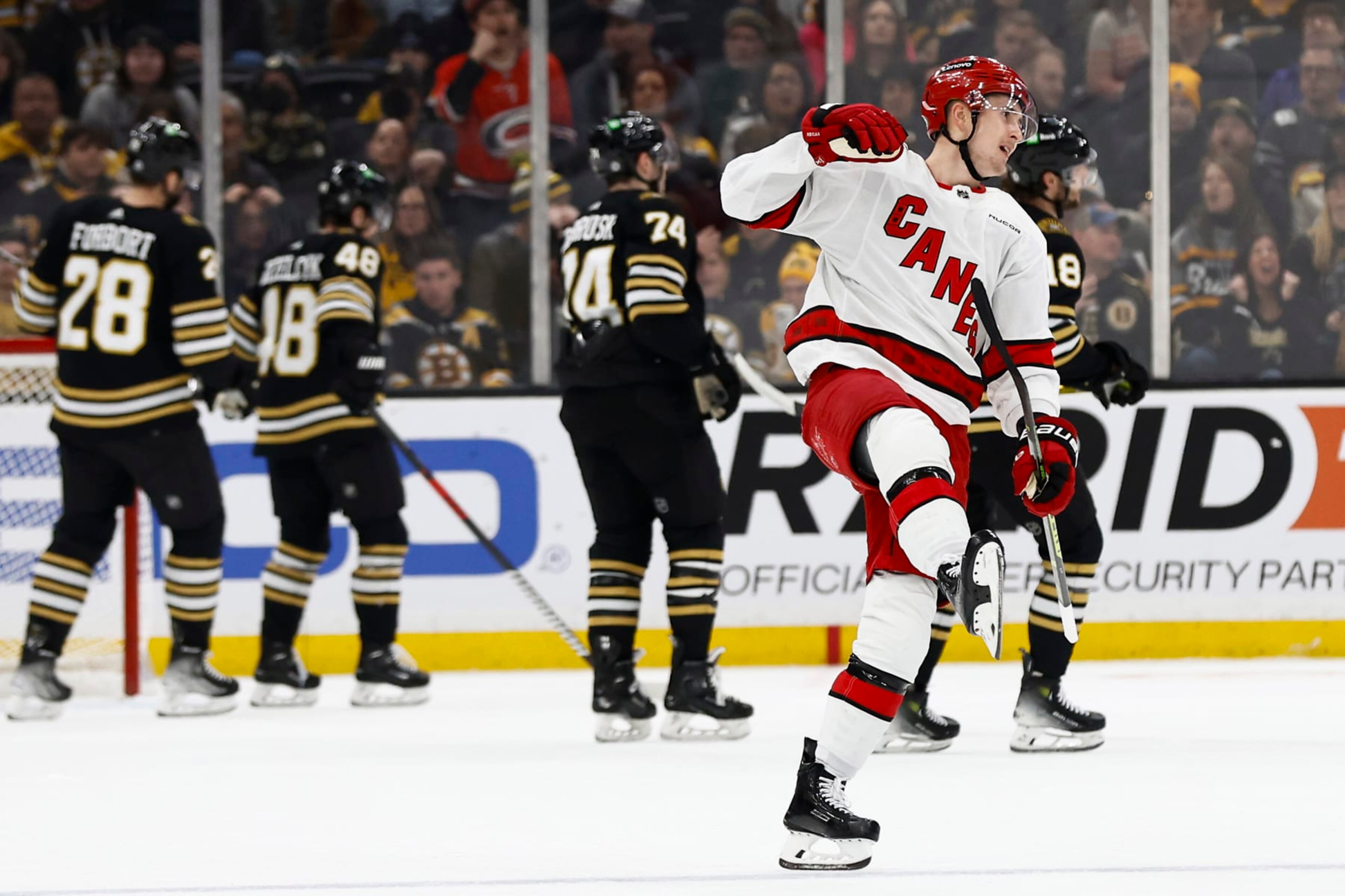 BOSTON, MA - JANUARY 24: Martin Necas #88 of the Carolina Hurricanes celebrates his power play goal against the Boston Bruins during the first period at TD Garden on January 24, 2024 in Boston, Massachusetts. (Photo By Winslow Townson/Getty Images) BOSTON, MA - JANUARY 24: Martin Necas #88 of the Carolina Hurricanes celebrates his power play goal against the Boston Bruins during the first period at TD Garden on January 24, 2024 in Boston, Massachusetts. (Photo By Winslow Townson/Getty Images)