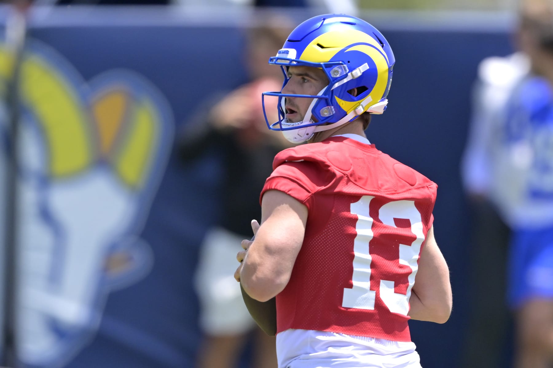 THOUSAND OAKS, CALIFORNIA - MAY 21: Quarterback Stetson Bennett #13 of the Los Angeles Rams participates in drills during OTAs on May 21, 2024 at Cal Lutheran University in Thousand Oaks, California. (Photo by Jayne Kamin-Oncea/Getty Images)