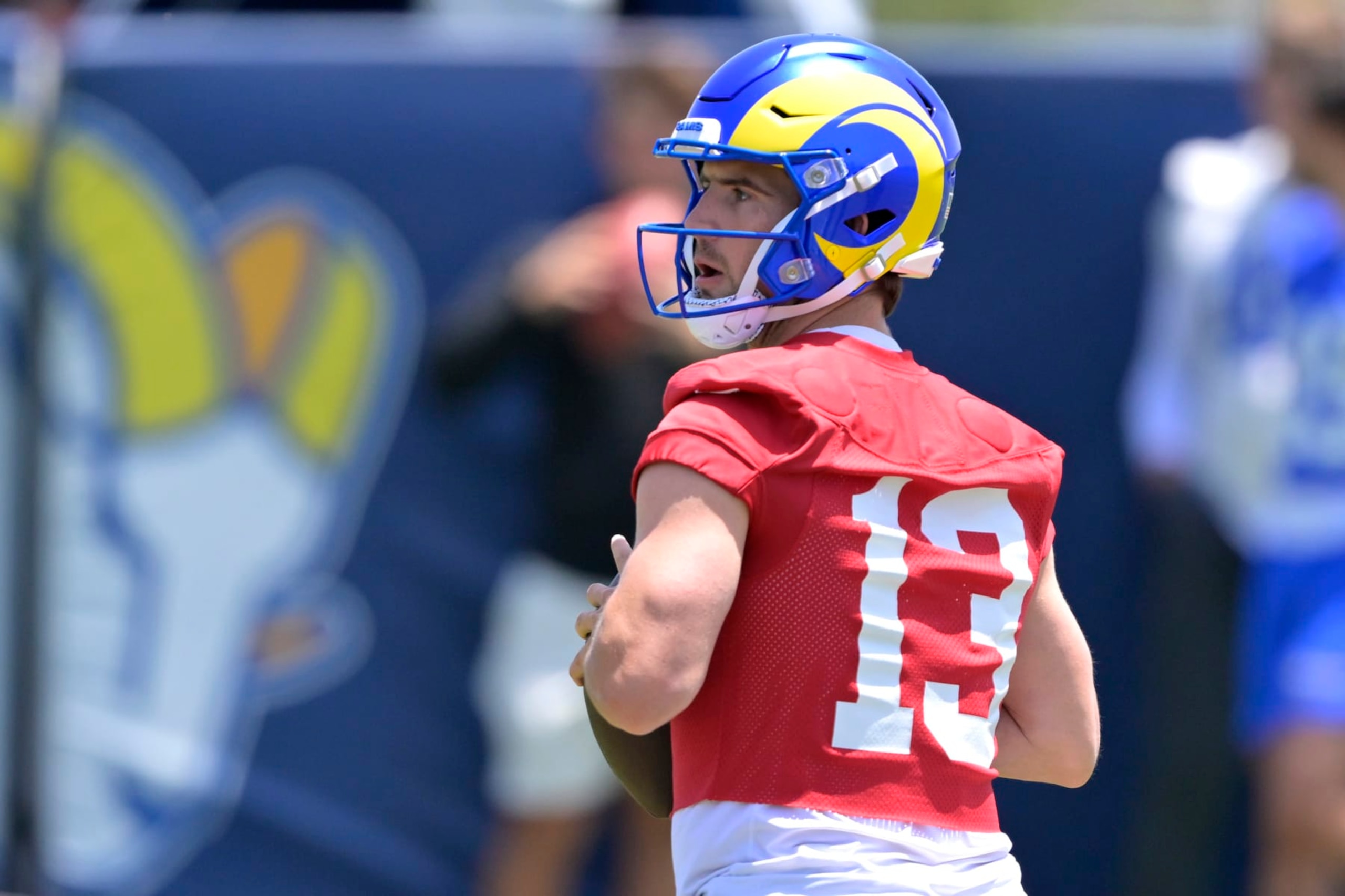 THOUSAND OAKS, CALIFORNIA - MAY 21: Quarterback Stetson Bennett #13 of the Los Angeles Rams participates in drills during OTAs on May 21, 2024 at Cal Lutheran University in Thousand Oaks, California. (Photo by Jayne Kamin-Oncea/Getty Images)