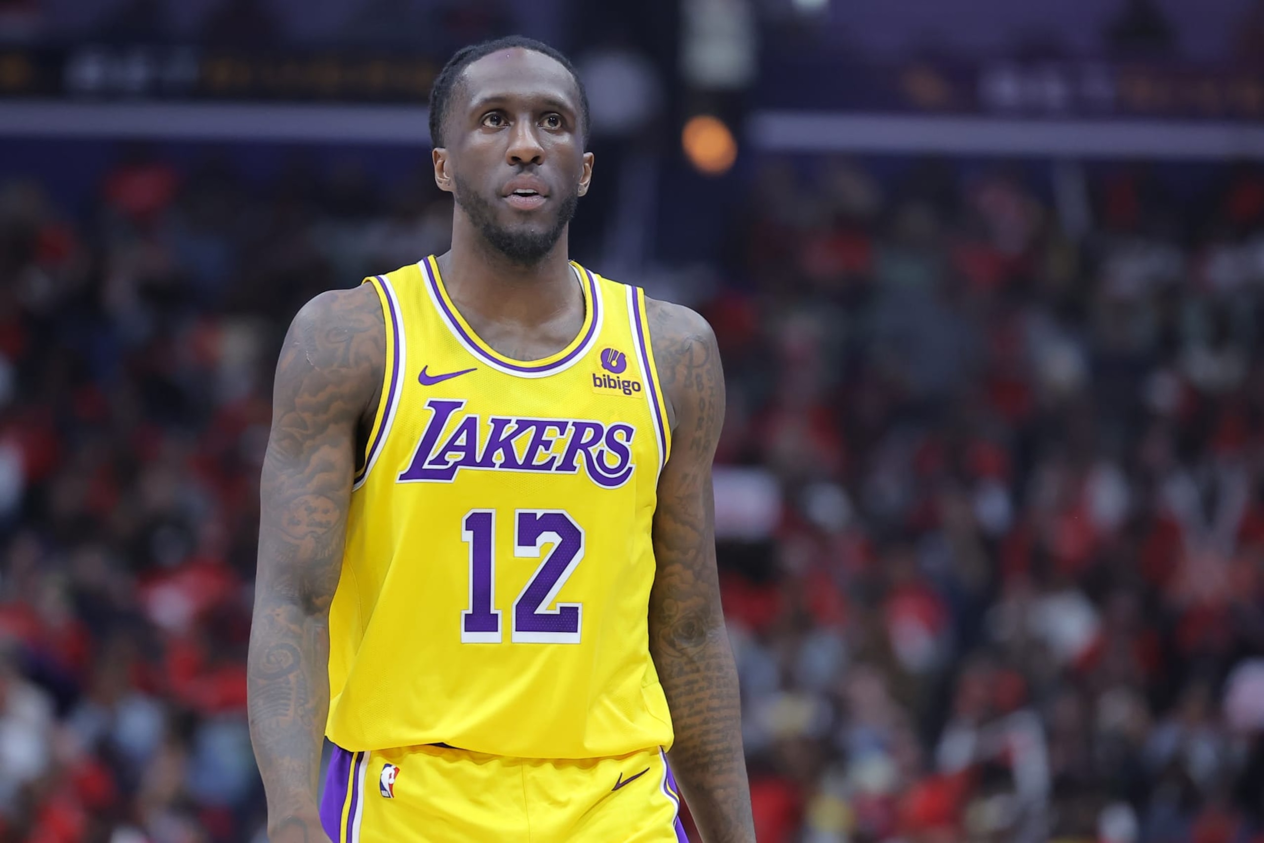 NEW ORLEANS, LOUISIANA - APRIL 16: Taurean Prince #12 of the Los Angeles Lakers reacts against the New Orleans Pelicans during a play-in tournament game at the Smoothie King Center on April 16, 2024 in New Orleans, Louisiana. NOTE TO USER: User expressly acknowledges and agrees that, by downloading and or using this Photograph, user is consenting to the terms and conditions of the Getty Images License Agreement. (Photo by Jonathan Bachman/Getty Images) NEW ORLEANS, LOUISIANA - APRIL 16: Taurean Prince #12 of the Los Angeles Lakers reacts against the New Orleans Pelicans during a play-in tournament game at the Smoothie King Center on April 16, 2024 in New Orleans, Louisiana. NOTE TO USER: User expressly acknowledges and agrees that, by downloading and or using this Photograph, user is consenting to the terms and conditions of the Getty Images License Agreement. (Photo by Jonathan Bachman/Getty Images)