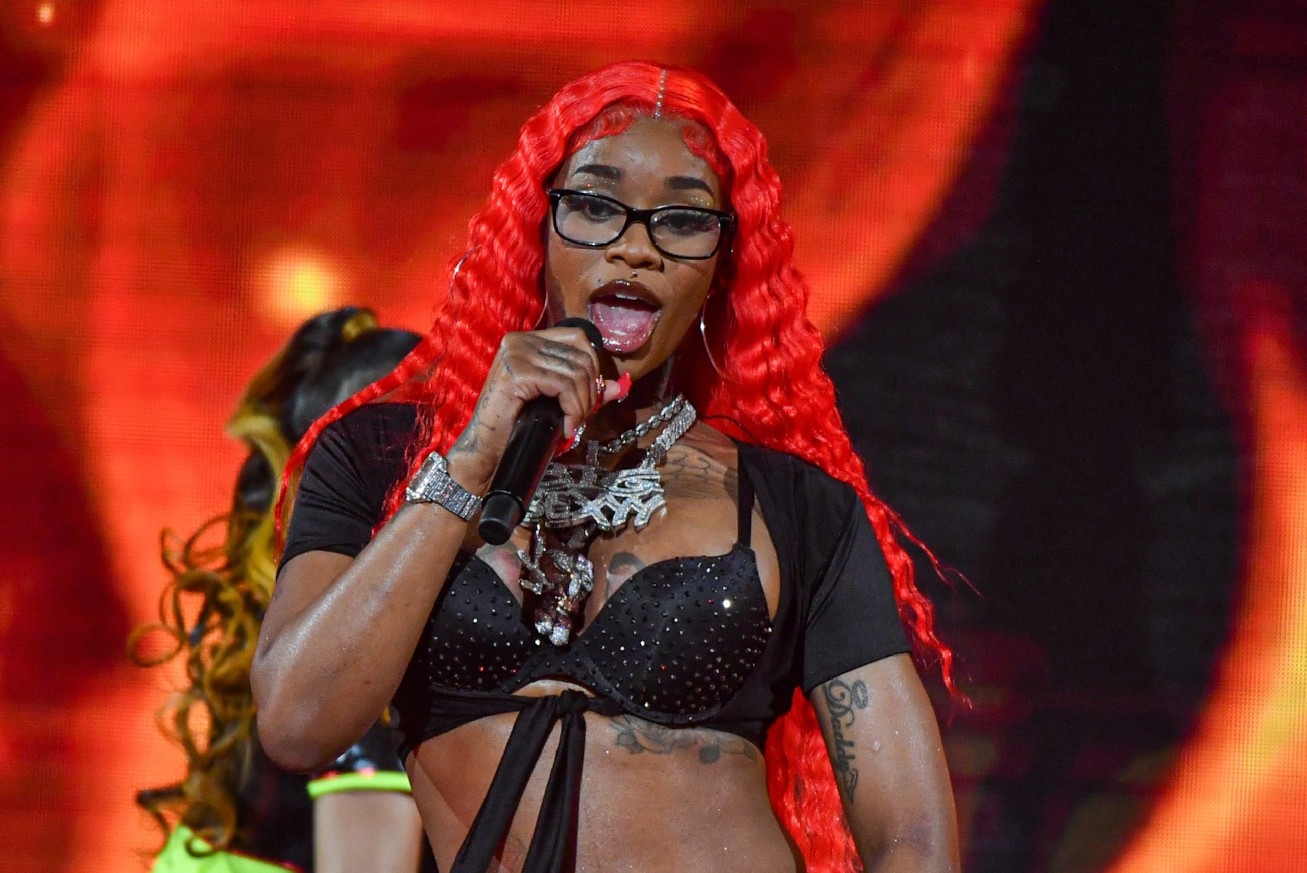 ATLANTA, GEORGIA - OCTOBER 03: In this image released on October 03, 2023,  Sexxy Red performs onstage during the BET Hip Hop Awards at Cobb Energy Performing Arts Center on October 3, 2023 in Atlanta, Georgia. (Photo by Aaron J. Thornton/FilmMagic)