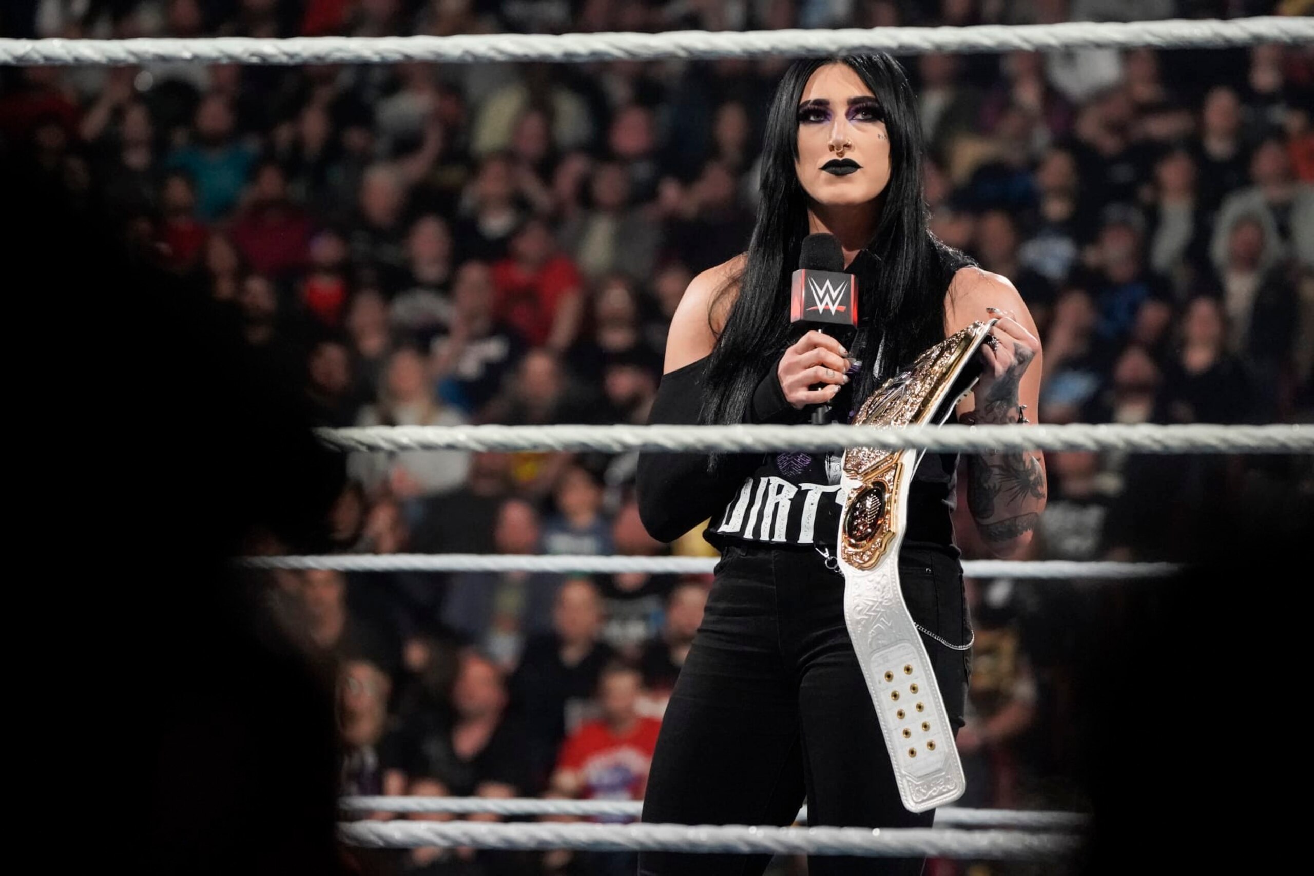 MONTREAL, CANADA - APRIL 15: Rhea Ripley relinquishes the Women's World Championship during Monday Night RAW at the Bell Centre on April 15, 2024 in Montreal, Canada. (Photo by WWE/Getty Images) MONTREAL, CANADA - APRIL 15: Rhea Ripley relinquishes the Women's World Championship during Monday Night RAW at the Bell Centre on April 15, 2024 in Montreal, Canada. (Photo by WWE/Getty Images)