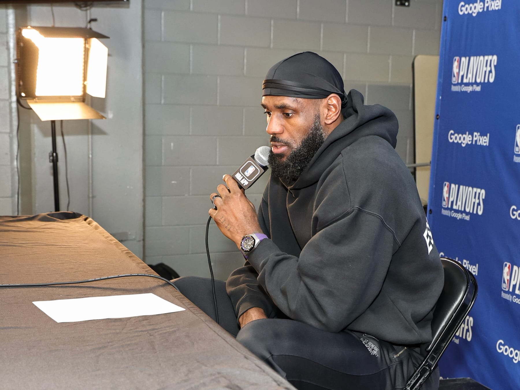 DENVER, CO - APRIL 29: LeBron James #23 of the Los Angeles Lakers talks to the media during a press conference after the game against the Denver Nuggets during Round 1 Game 5 on April 29, 2024 at Ball Arena in Denver, Colorado. NOTE TO USER: User expressly acknowledges and agrees that, by downloading and/or using this Photograph, user is consenting to the terms and conditions of the Getty Images License Agreement. Mandatory Copyright Notice: Copyright 2024 NBAE (Photo by Jim Poorten/NBAE via Getty Images)