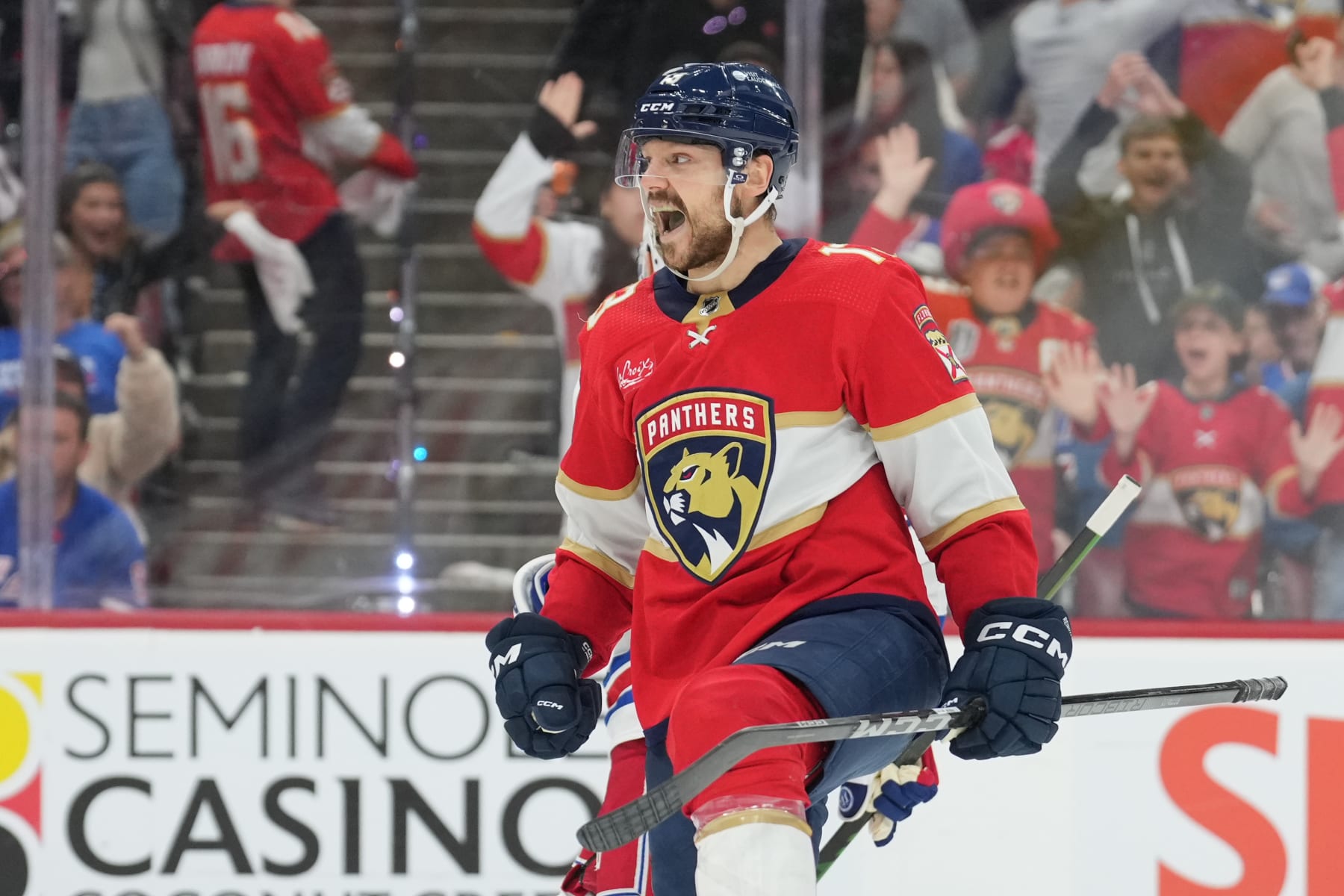 SUNRISE, FL - MAY 28: Florida Panthers center Sam Reinhart (13) celebrates his overtime game winning goal during game four of the Eastern Conference Finals between the New York Rangers and the Florida Panthers on Tuesday, May 28, 2024 at Amerant Bank Arena in Sunrise, Fla. (Photo by Peter Joneleit/Icon Sportswire via Getty Images)