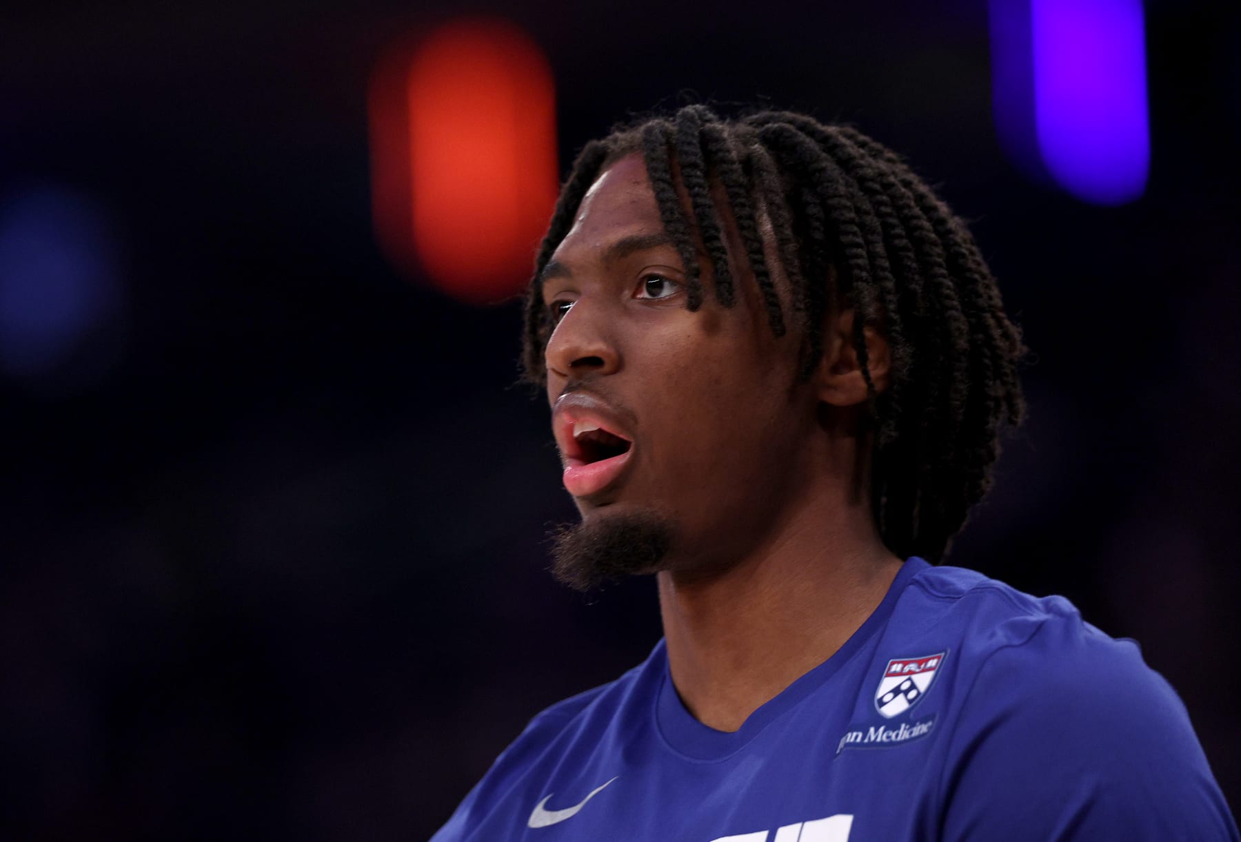 NEW YORK, NEW YORK - APRIL 30: Tyrese Maxey #0 of the Philadelphia 76ers warms up before the game against the New York Knicks at Madison Square Garden on April 30, 2024 in New York City. NOTE TO USER: User expressly acknowledges and agrees that, by downloading and or using this photograph, User is consenting to the terms and conditions of the Getty Images License Agreement. (Photo by Elsa/Getty Images)