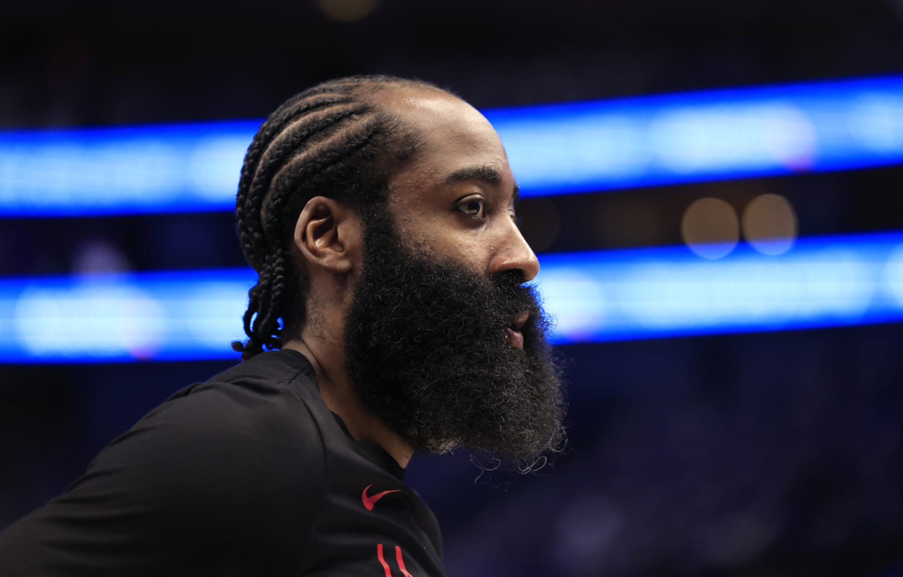 DALLAS, TX - MAY 3: James Harden #1 of the LA Clippers looks on before Game Six of the Western Conference First Round Playoffs at American Airlines Center on May 03, 2024 in Dallas, Texas. NOTE TO USER: User expressly acknowledges and agrees that, by downloading and/or using this Photograph, user is consenting to the terms and conditions of the Getty Images License Agreement. (Photo by Ron Jenkins/Getty Images)