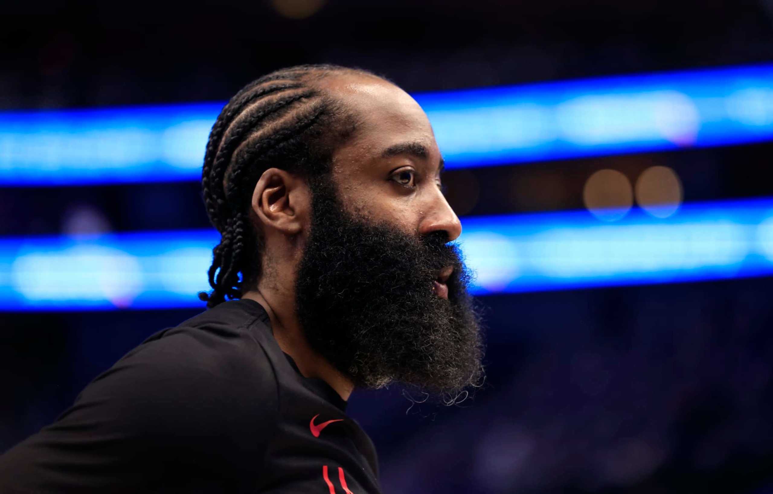 DALLAS, TX - MAY 3: James Harden #1 of the LA Clippers looks on before Game Six of the Western Conference First Round Playoffs at American Airlines Center on May 03, 2024 in Dallas, Texas. NOTE TO USER: User expressly acknowledges and agrees that, by downloading and/or using this Photograph, user is consenting to the terms and conditions of the Getty Images License Agreement. (Photo by Ron Jenkins/Getty Images)