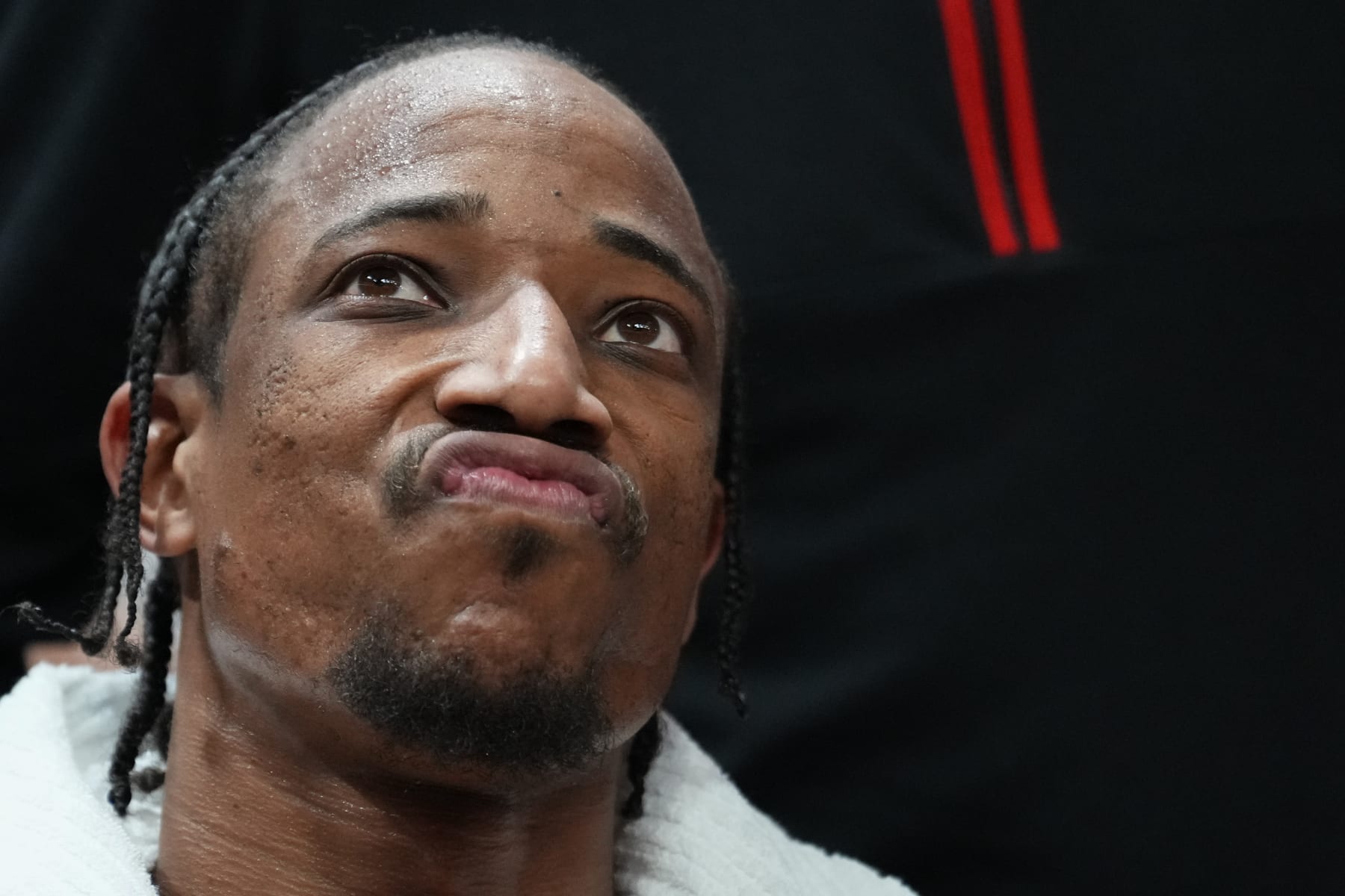 MIAMI, FLORIDA - APRIL 19: DeMar DeRozan #11 of the Chicago Bulls looks on against the Miami Heat in the fourth quarter during the Play-In Tournament at Kaseya Center on April 19, 2024 in Miami, Florida. NOTE TO USER: User expressly acknowledges and agrees that, by downloading and or using this photograph, User is consenting to the terms and conditions of the Getty Images License Agreement. (Photo by Rich Storry/Getty Images)