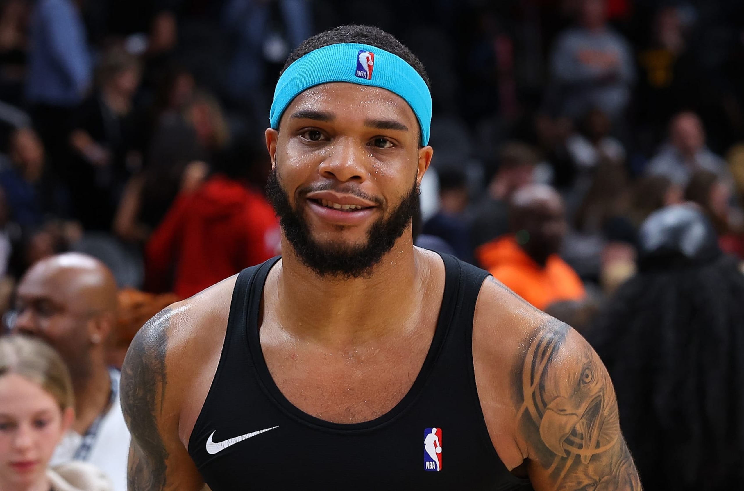 ATLANTA, GEORGIA - APRIL 10:  Miles Bridges #0 of the Charlotte Hornets reacts after their 115-114 win over the Atlanta Hawks at State Farm Arena on April 10, 2024 in Atlanta, Georgia.  NOTE TO USER: User expressly acknowledges and agrees that, by downloading and/or using this photograph, user is consenting to the terms and conditions of the Getty Images License Agreement.  (Photo by Kevin C. Cox/Getty Images)