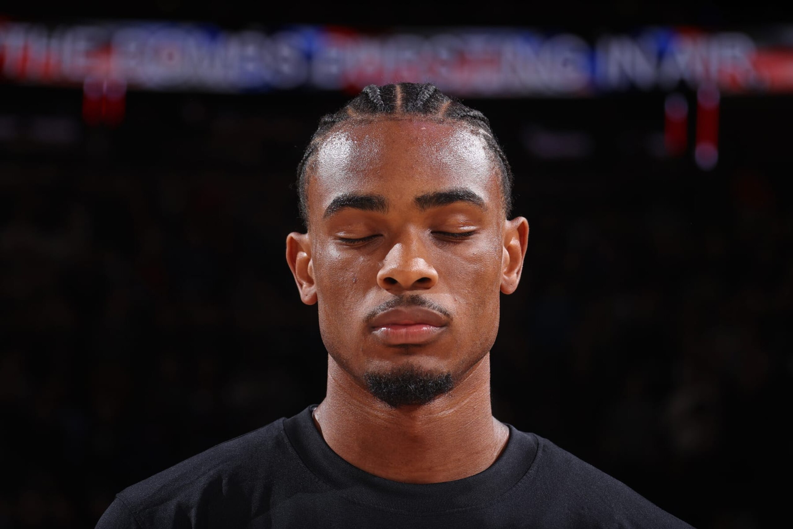 NEW YORK, NY - MARCH 23: Nicolas Claxton #33 of the Brooklyn Nets stands for the National Anthem before the game against the New York Knicks on March 23, 2024 at Madison Square Garden in New York City, New York.  NOTE TO USER: User expressly acknowledges and agrees that, by downloading and or using this photograph, User is consenting to the terms and conditions of the Getty Images License Agreement. Mandatory Copyright Notice: Copyright 2024 NBAE  (Photo by Nathaniel S. Butler/NBAE via Getty Images)