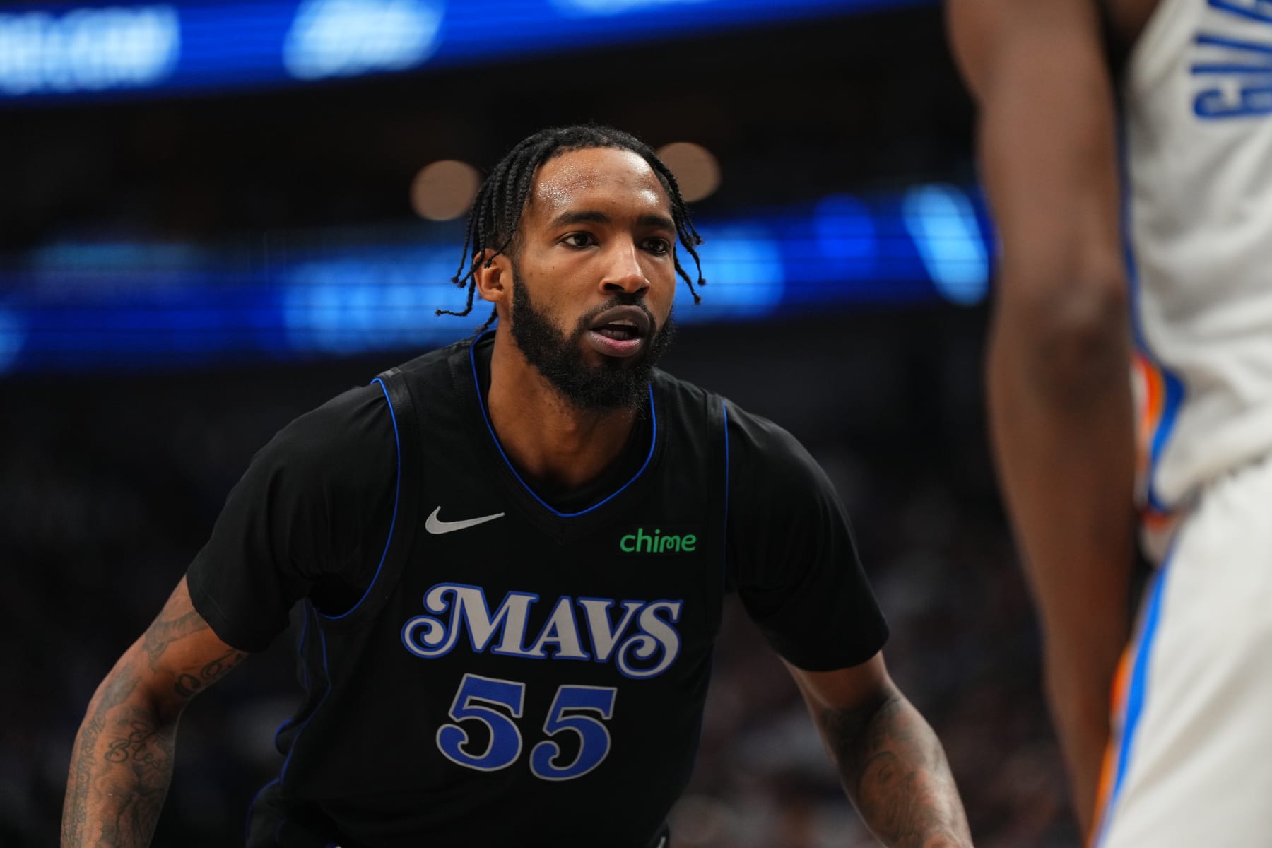 DALLAS, TX - MAY 18: Derrick Jones Jr. #55 of the Dallas Mavericks looks on during the game against the Oklahoma City Thunder during Round 2 Game 6 of the 2024 NBA Playoffs on May 18, 2024 at the American Airlines Center in Dallas, Texas. NOTE TO USER: User expressly acknowledges and agrees that, by downloading and or using this photograph, User is consenting to the terms and conditions of the Getty Images License Agreement. Mandatory Copyright Notice: Copyright 2024 NBAE (Photo by Cooper Neill/NBAE via Getty Images)