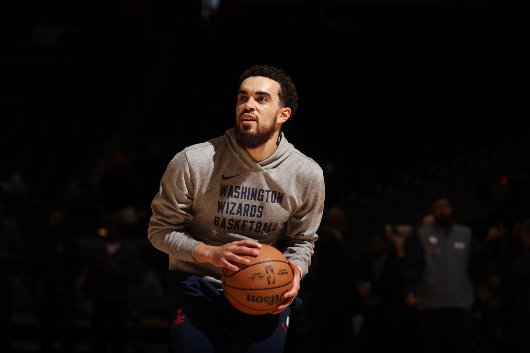 WASHINGTON, DC -  APRIL 3: Tyus Jones #5 of the Washington Wizards warms up before the game against the Los Angeles Lakers on April 3, 2024 at Capital One Arena in Washington, DC. NOTE TO USER: User expressly acknowledges and agrees that, by downloading and or using this Photograph, user is consenting to the terms and conditions of the Getty Images License Agreement. Mandatory Copyright Notice: Copyright 2024 NBAE (Photo by Stephen Gosling/NBAE via Getty Images)