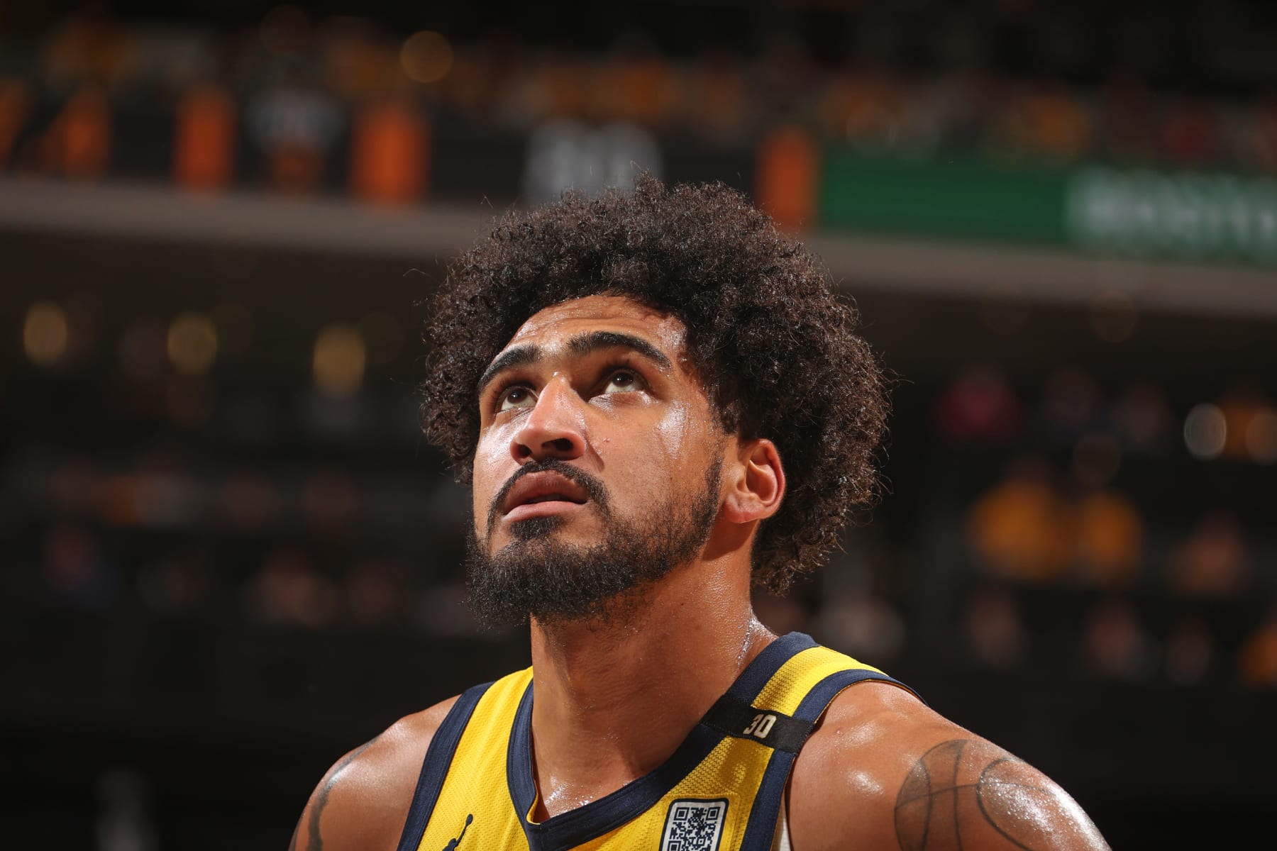 INDIANAPOLIS, IN - MAY 27: Obi Toppin #1 of the Indiana Pacers looks on during the game against the Boston Celtics during Game 4 of the Eastern Conference Finals of the 2024 NBA Playoffs on May 27, 2024 at Gainbridge Fieldhouse in Indianapolis, Indiana. NOTE TO USER: User expressly acknowledges and agrees that, by downloading and or using this Photograph, user is consenting to the terms and conditions of the Getty Images License Agreement. Mandatory Copyright Notice: Copyright 2024 NBAE (Photo by Nathaniel S. Butler/NBAE via Getty Images)