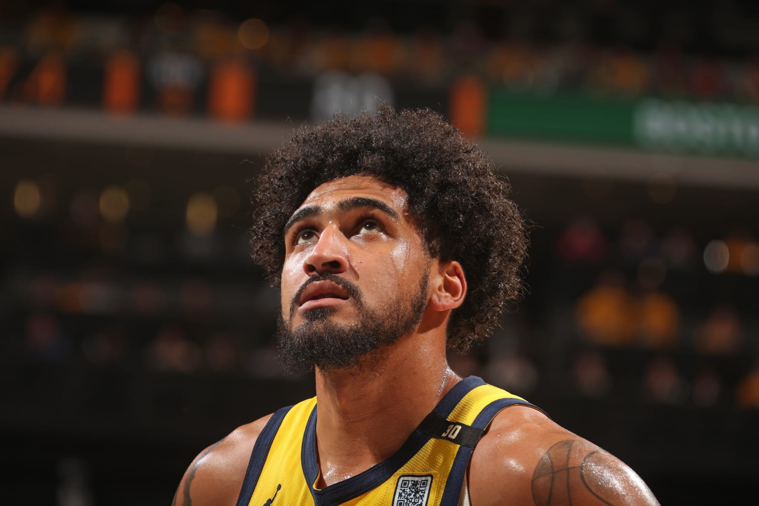INDIANAPOLIS, IN - MAY 27: Obi Toppin #1 of the Indiana Pacers looks on during the game against the Boston Celtics during Game 4 of the Eastern Conference Finals of the 2024 NBA Playoffs on May 27, 2024 at Gainbridge Fieldhouse in Indianapolis, Indiana. NOTE TO USER: User expressly acknowledges and agrees that, by downloading and or using this Photograph, user is consenting to the terms and conditions of the Getty Images License Agreement. Mandatory Copyright Notice: Copyright 2024 NBAE (Photo by Nathaniel S. Butler/NBAE via Getty Images)