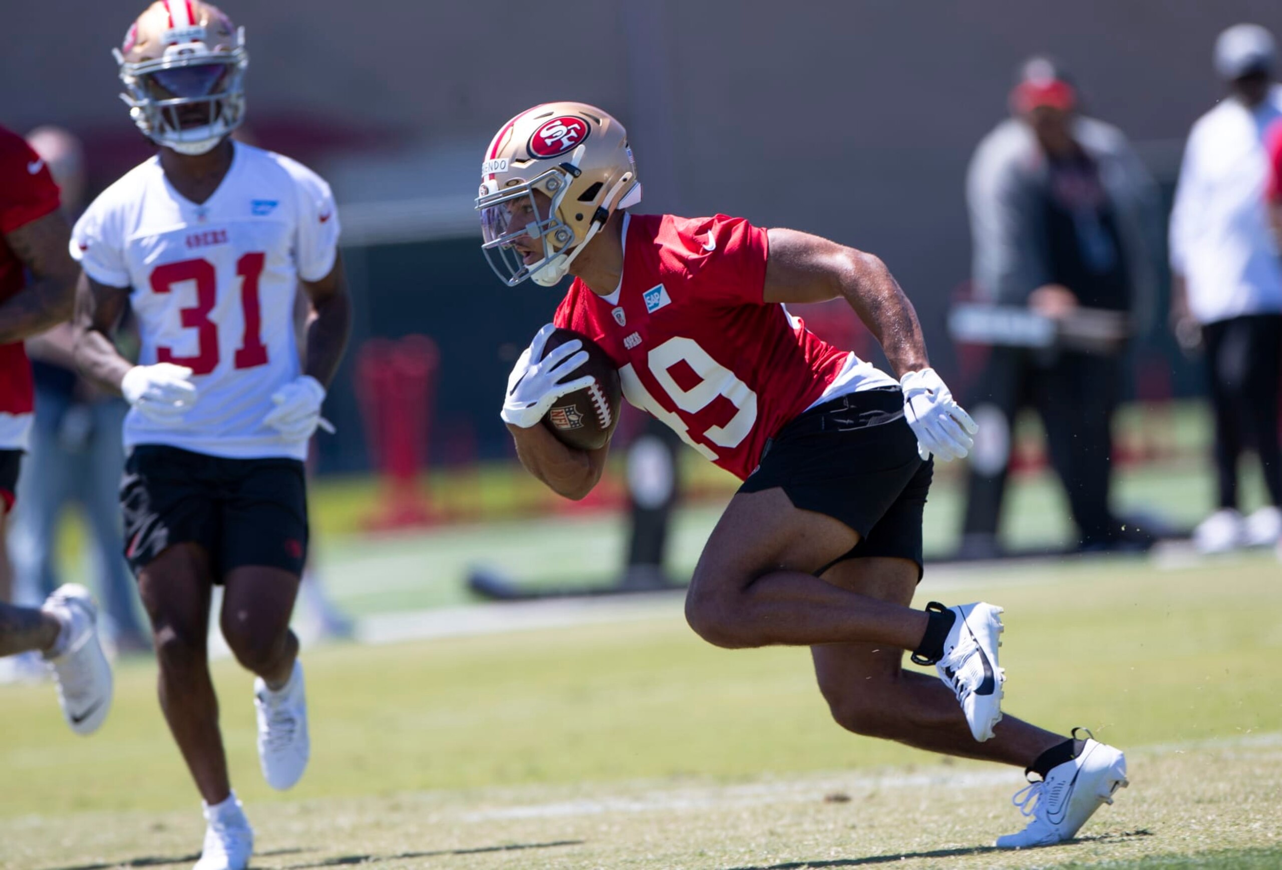 SANTA CLARA, CA - MAY 10: Isaac Guerendo #49 of the San Francisco 49ers during Rookie Minicamp at the SAP Performance Facility on May 10, 2024 in Santa Clara, California. (Photo by Michael Zagaris/San Francisco 49ers/Getty Images)