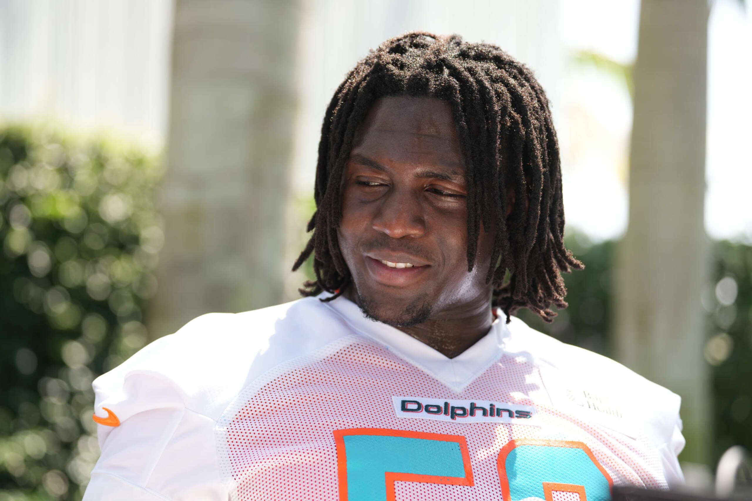 MAMII GARDNES, FL - MAY 10: Miami Dolphins draft pick Patrick Paul (52) speaks with reporters during the Miami Dolphins Rookie Mini Camp on Friday. May 10, 2024 at Baptist Health Training Complex in Miami Gardens, Fla. (Photo by Peter Joneleit/Icon Sportswire via Getty Images)
