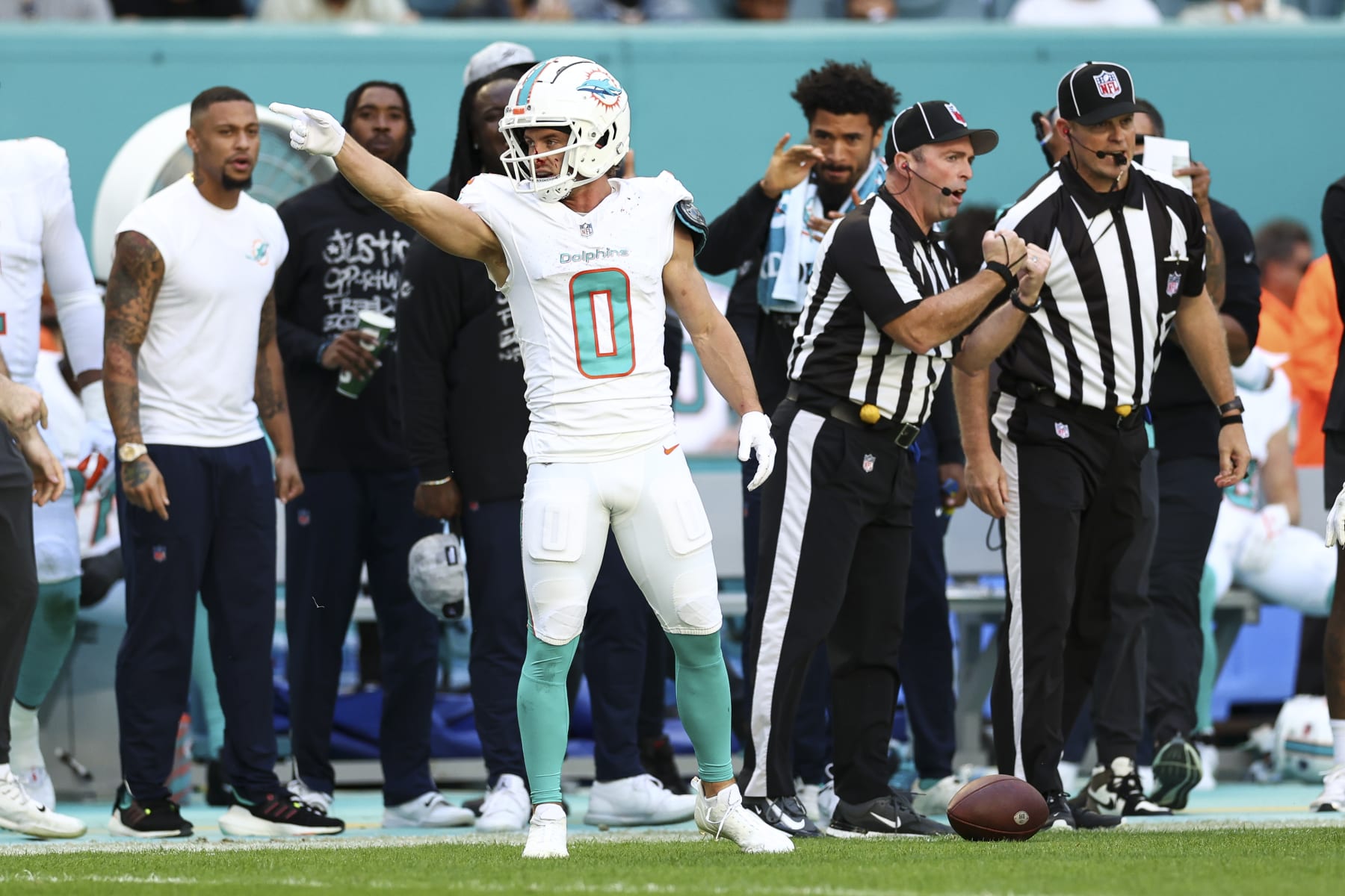 MIAMI GARDENS, FL - DECEMBER 17: Braxton Berrios #0 of the Miami Dolphins signals for a first down after a play during the second quarter of an NFL football game against the New York Jets at Hard Rock Stadium on December 17, 2023 in Miami Gardens, Florida. (Photo by Kevin Sabitus/Getty Images)