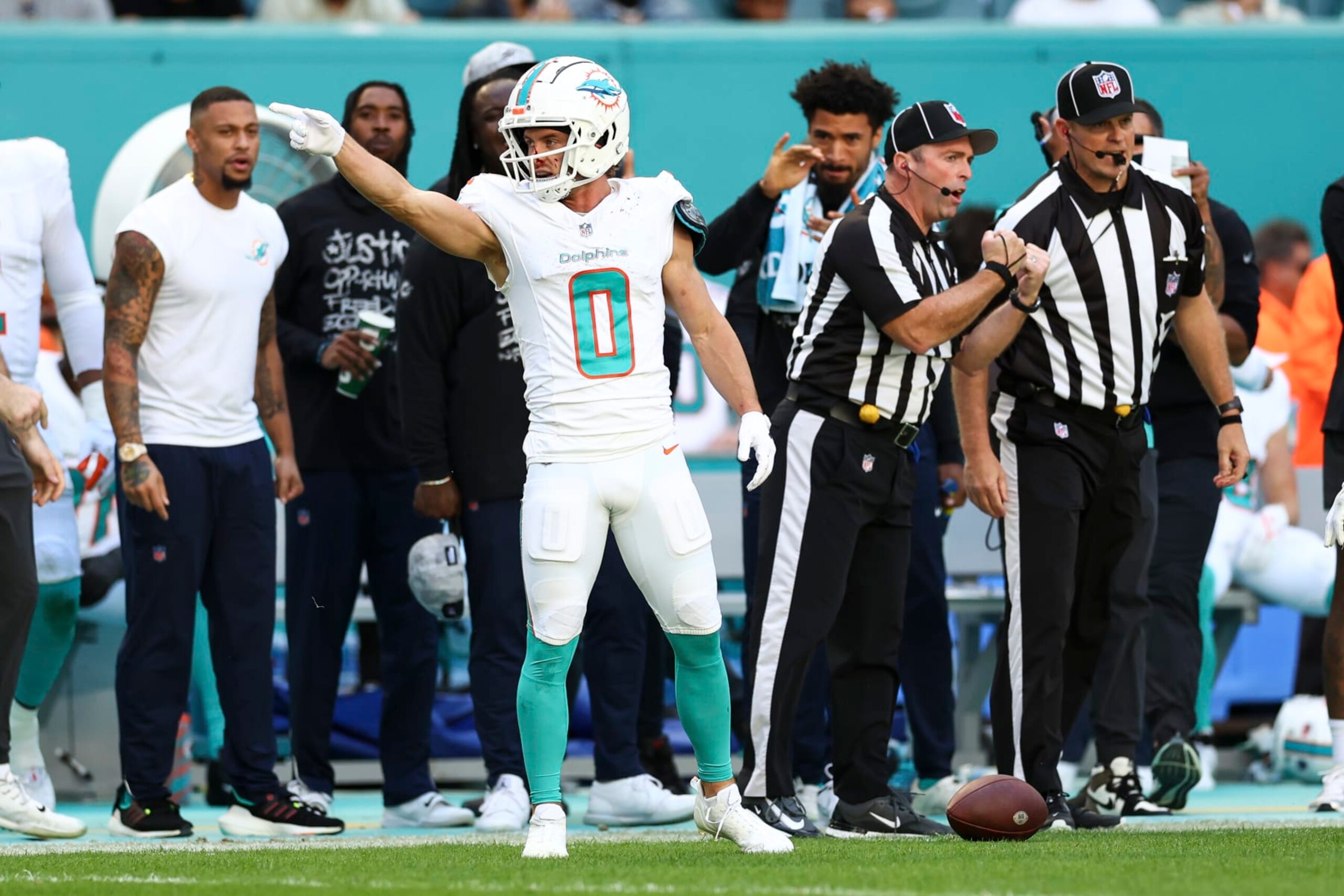 MIAMI GARDENS, FL - DECEMBER 17: Braxton Berrios #0 of the Miami Dolphins signals for a first down after a play during the second quarter of an NFL football game against the New York Jets at Hard Rock Stadium on December 17, 2023 in Miami Gardens, Florida. (Photo by Kevin Sabitus/Getty Images)